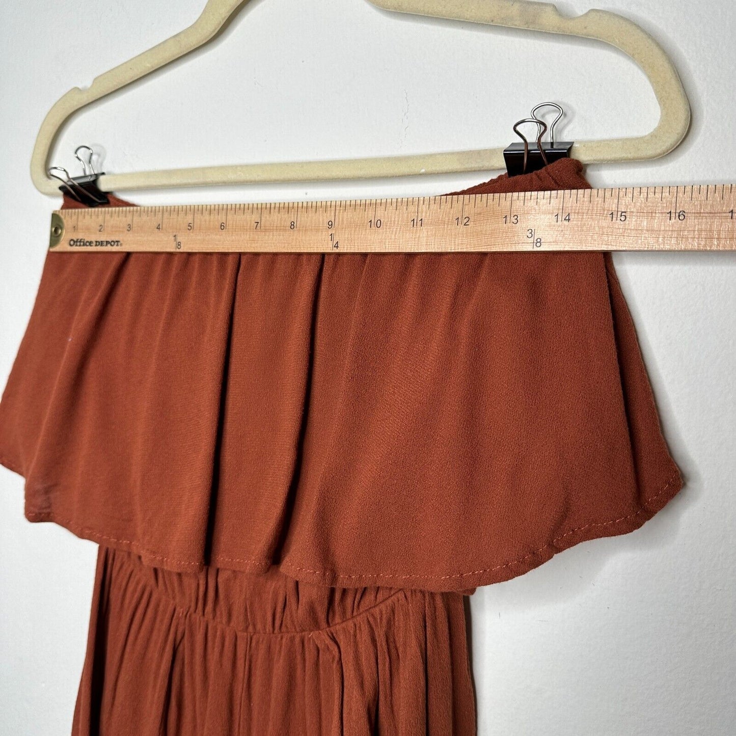 Angl Rust Bronze Brown Bandeau Ruffle Off-Shoulder Harem Slit Pant Jumpsuit SM