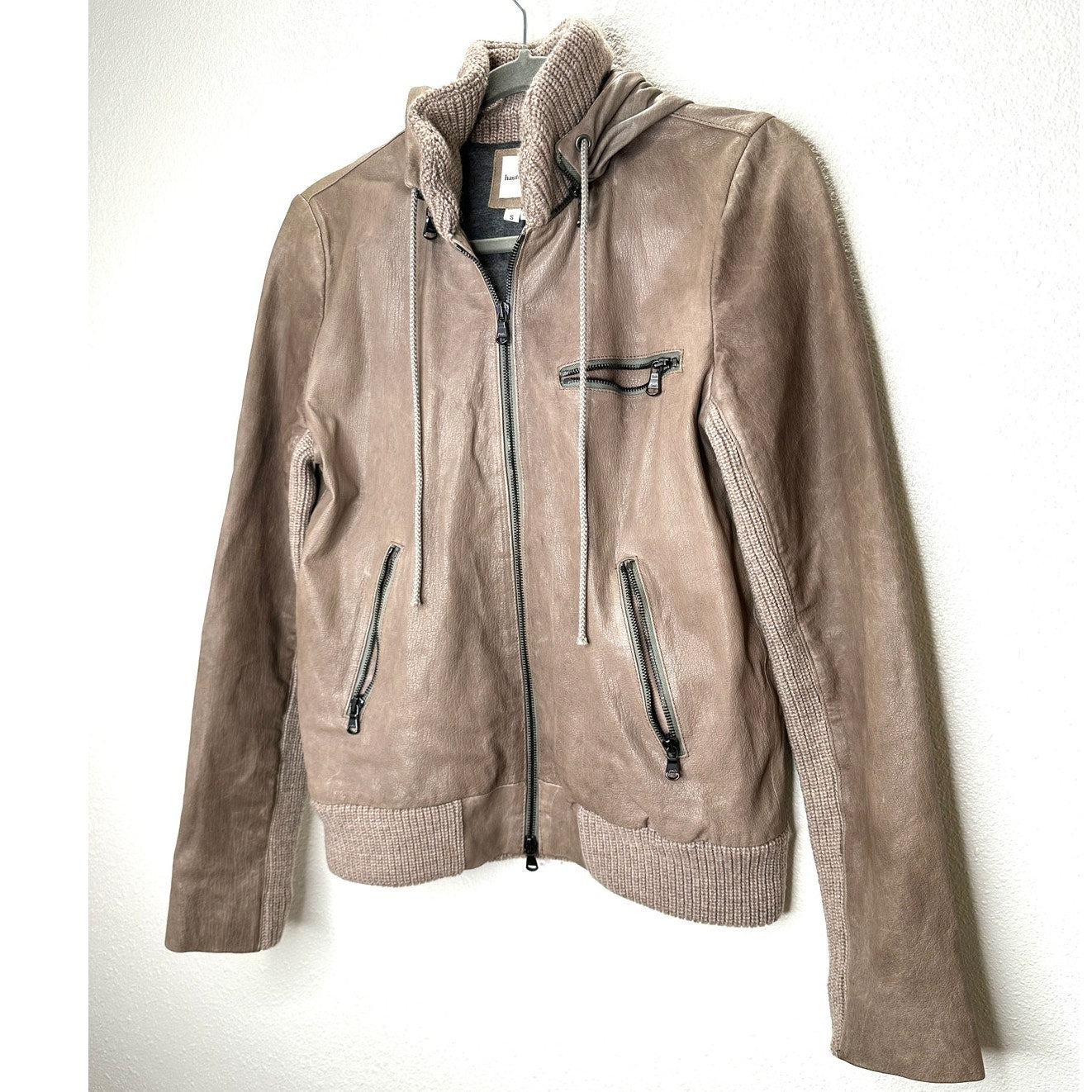 Haute Hoodie Fawn Taupe Lamb & Ribbed Knit Front Zip Hoodie Jacket S