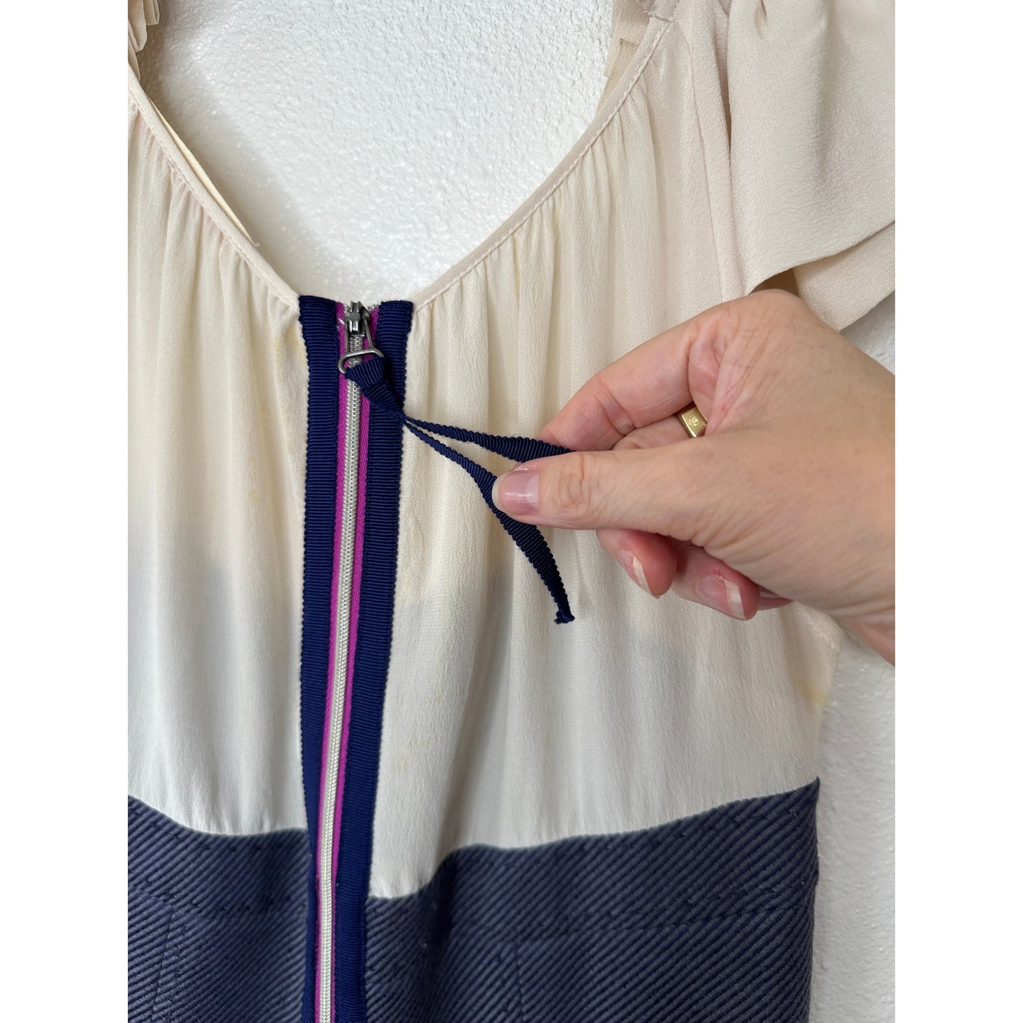 Rebecca Taylor Cream Ruffled Pleat Shoulder Blue Jean Stripe Linen Sheath Dress 0