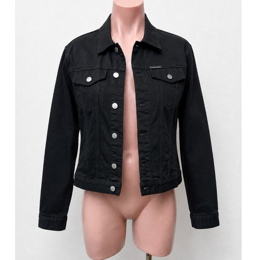 Calvin Klein Jet Black Denim Silver Button Front Collared Crop Jean Jacket M
