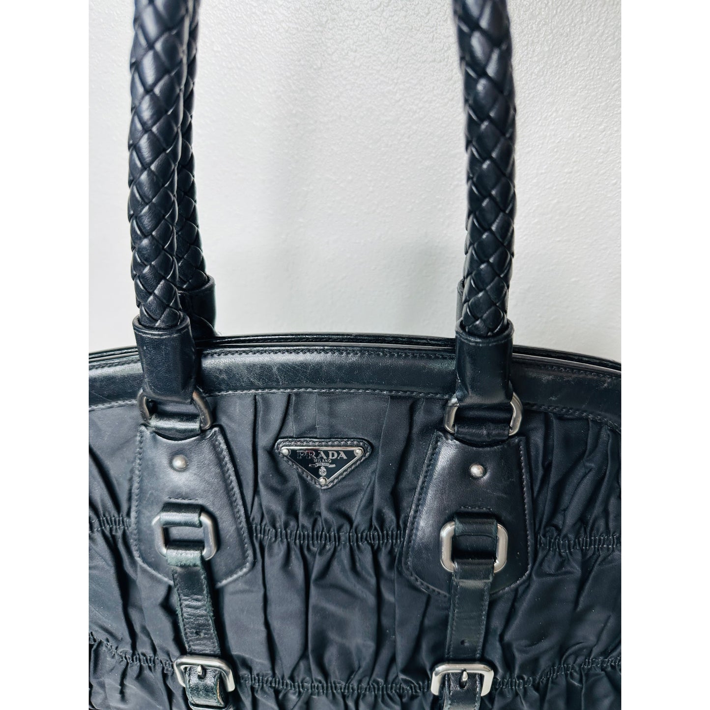 Prada Vintage 90s Black Nylon & Leather Buckle Braided Handle Purse