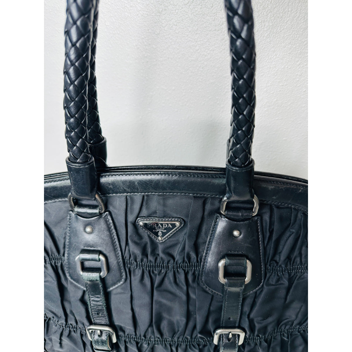 Prada Vintage 90s Black Nylon & Leather Buckle Braided Handle Purse