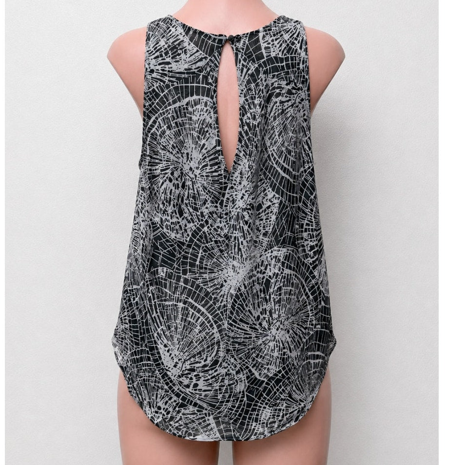 Ovi Black & White Wood Circle Design Keyhole Draped Back Sleeveless Blouse Small