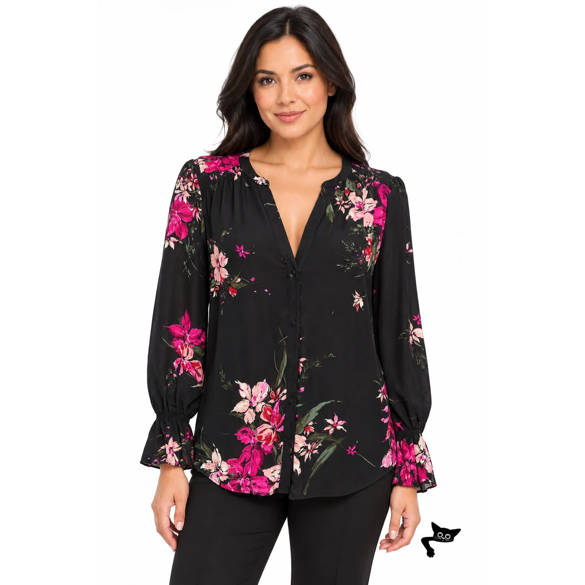 Joie Black Pink Floral Silk V Neck Blouse Women S