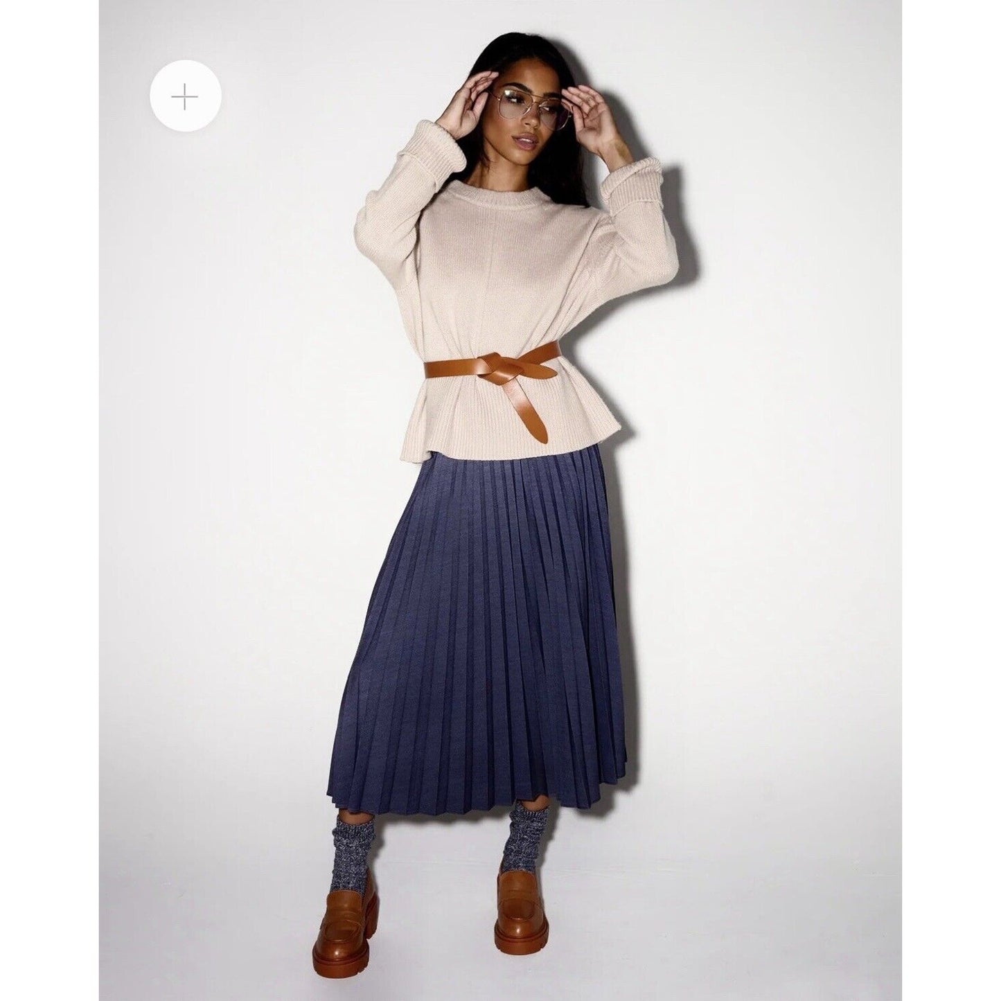 Zara Dark Blue Wash Box Pleated Denim Look Midi Skirt Waistband Side Zipper XS