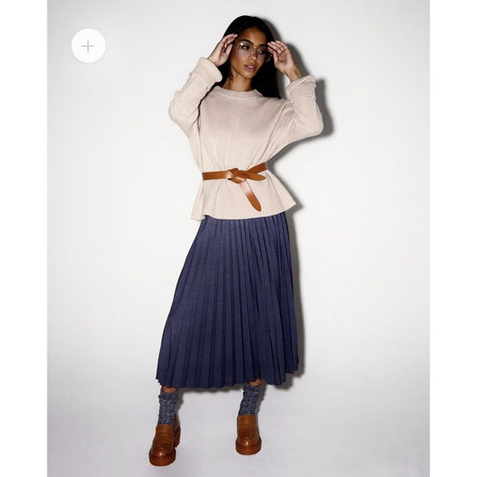 Zara Dark Blue Wash Box Pleated Denim Look Midi Skirt Waistband Side Zipper XS