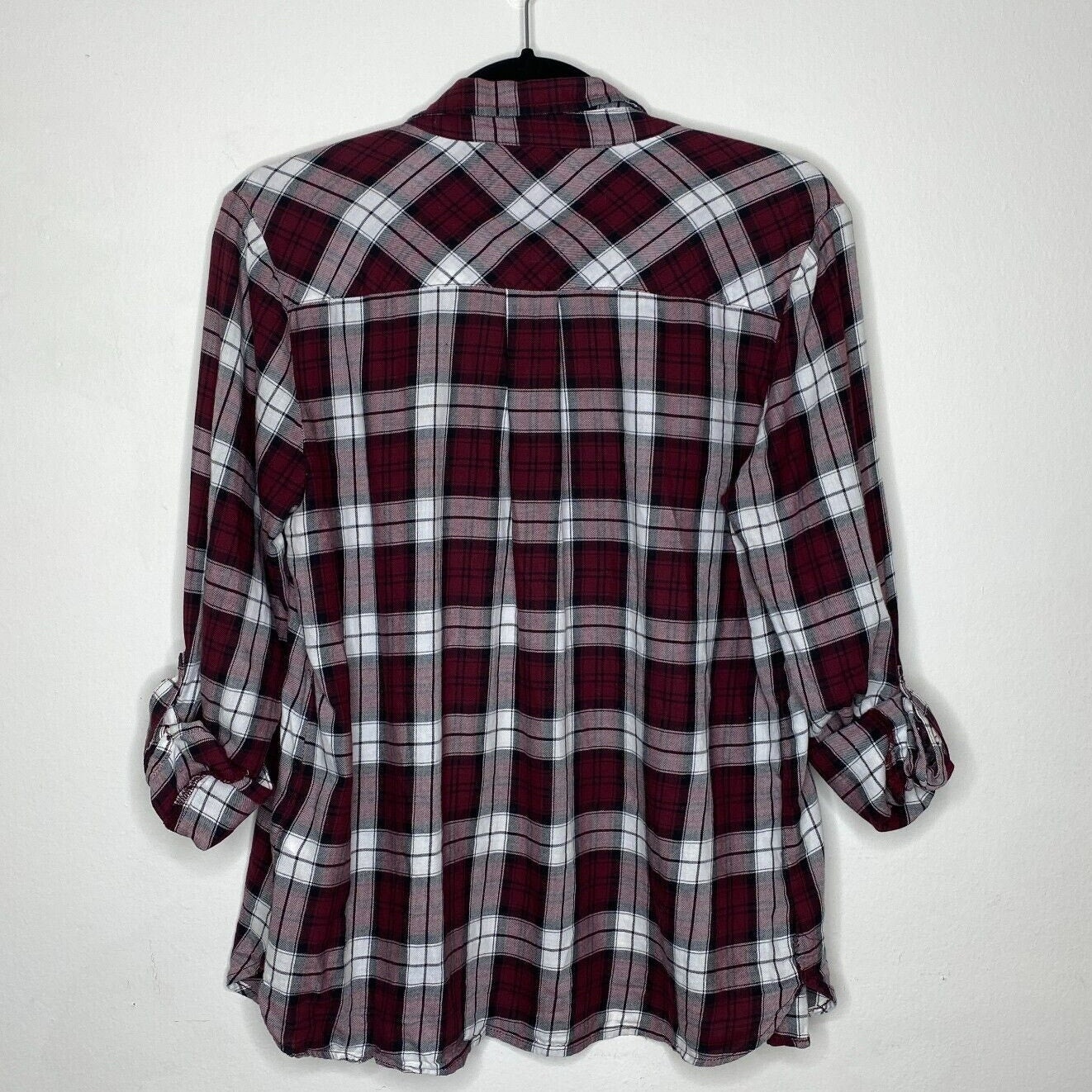 Soft Joie Plaid Button Up Shirt Burgundy Eggplant Roll Tab Sleeve Small