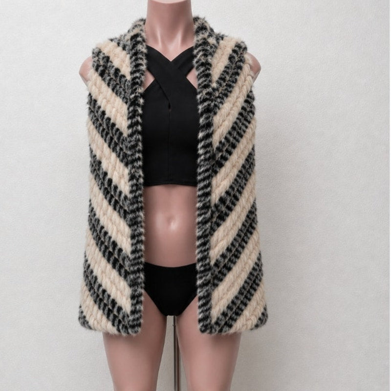 Marc by Marc Jacobs Cream Black Striped Knitted Soft Rabbit Fur Pocket Vest OS