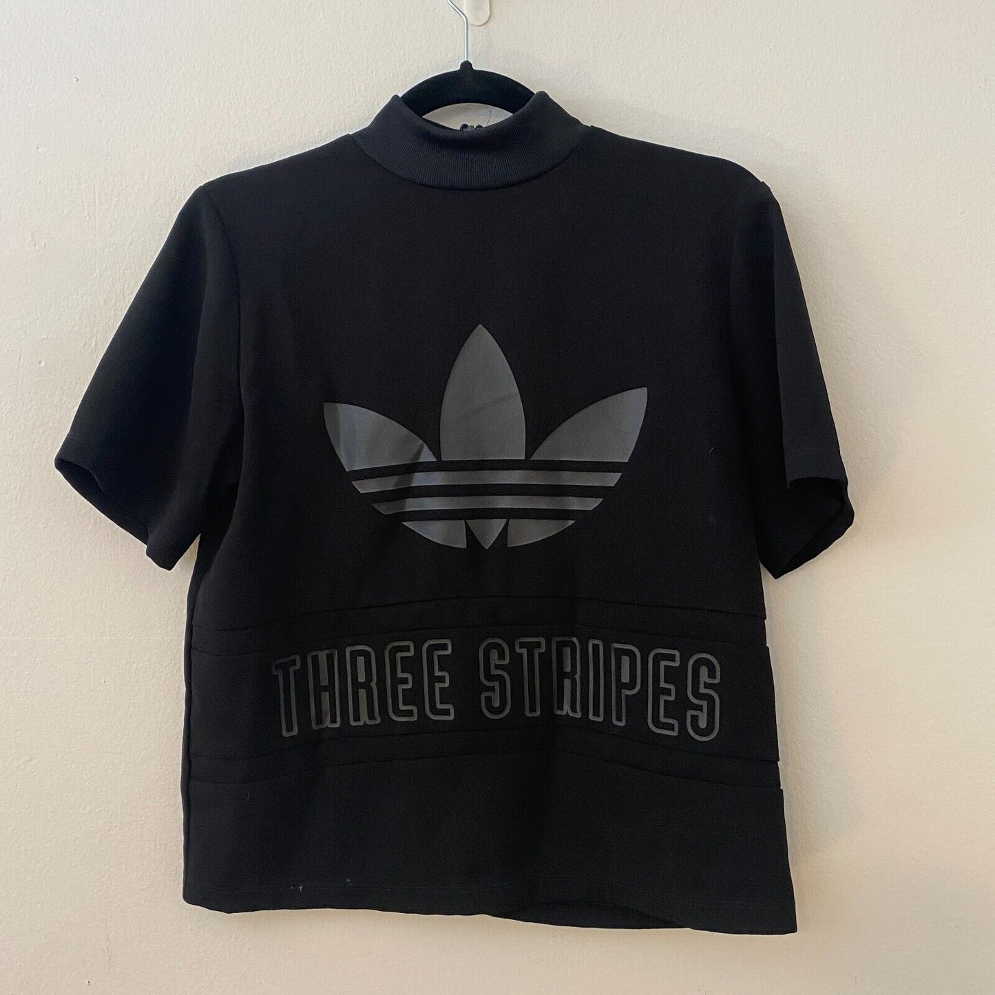 Adidas Black Trefoil Three Stripe Graphic Mock Neck Back Zip Short Sleeve Top S