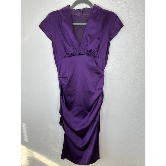 Xscape by Joanna Chen Purple Satin Faux V Neck Cap Sleeve Midi Dress 6