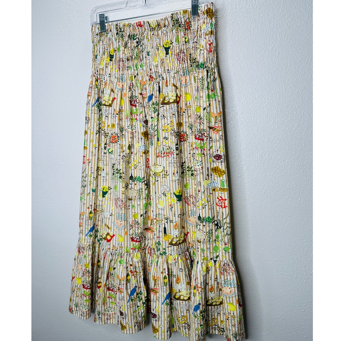 Rhode Artie Shirred Waist Ruffle Hem Printed Cotton Poplin Midi Skirt XL