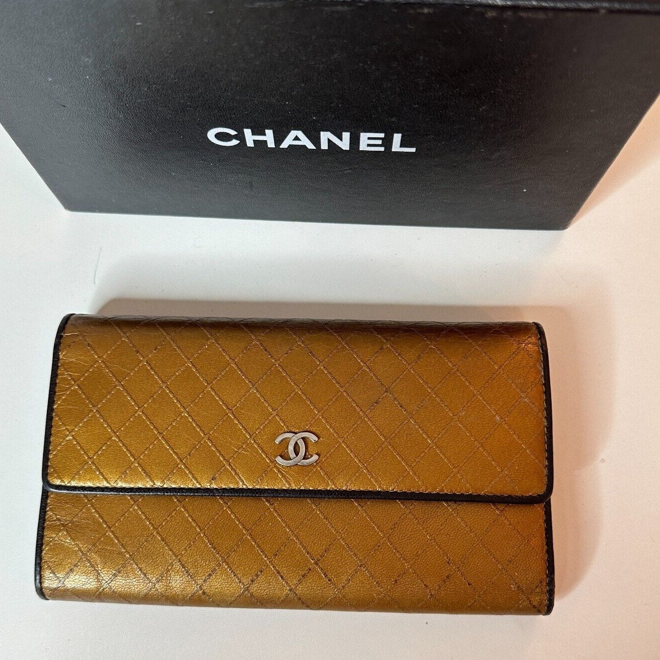 Authentic Chanel Tri-Fold Wallet Gold & Black Interior Trim Leather gold CC Logo