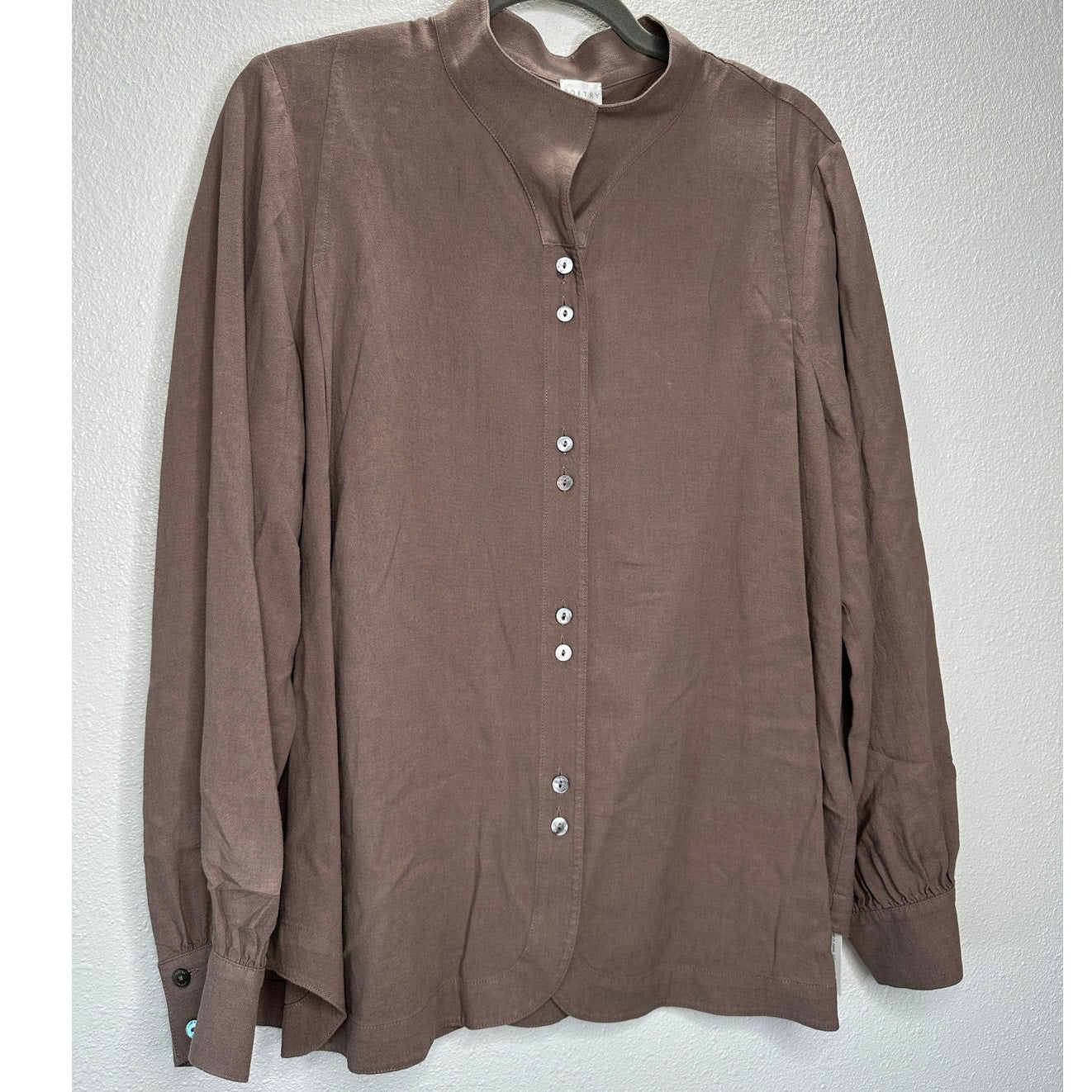 NWT Poetry Nut Brown Funnel Neck Double Button Front Long Sleeve Blouse 12