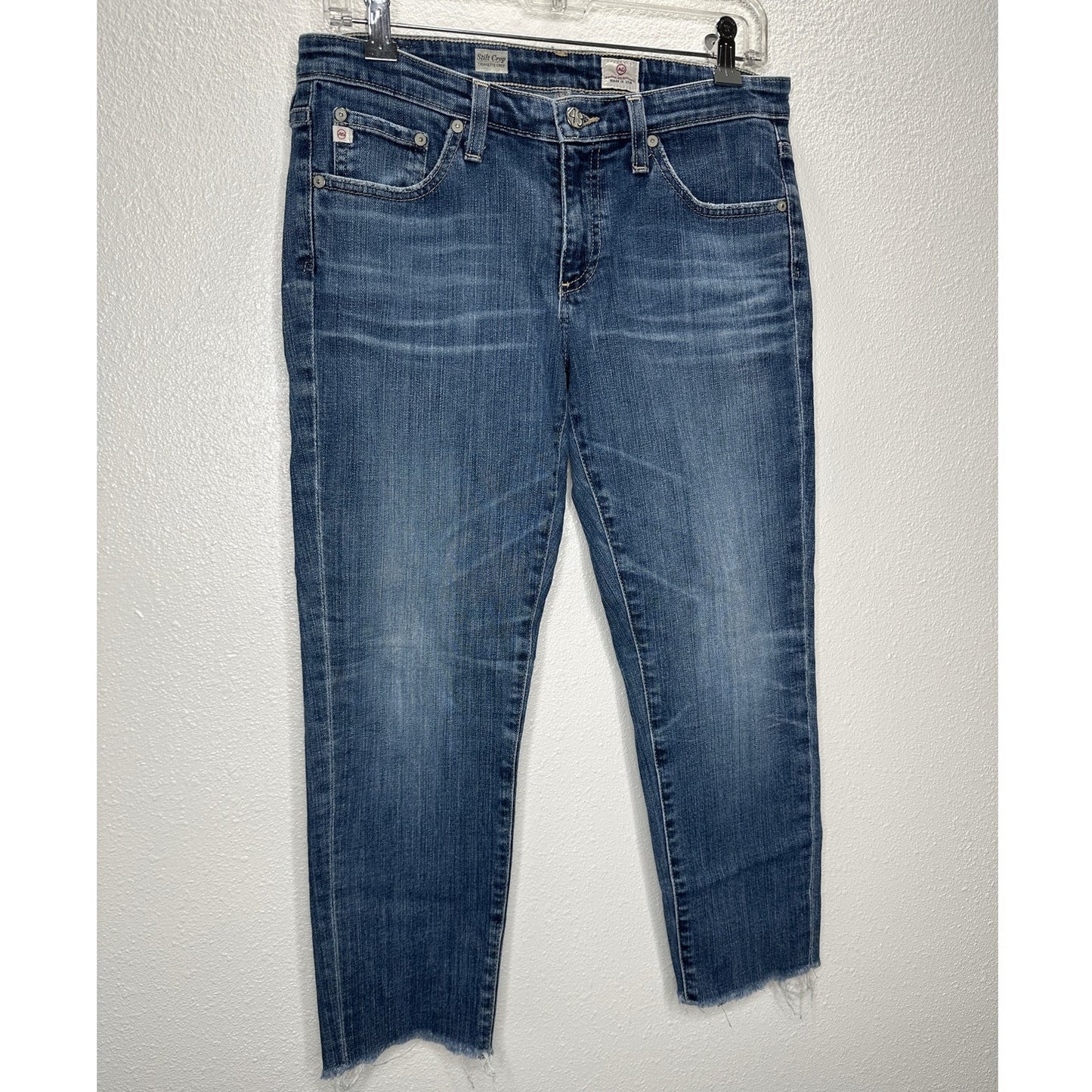 AG Medium Wash Whiskered Raw Hem Stilt Crop Cigarette Crop Jean 29