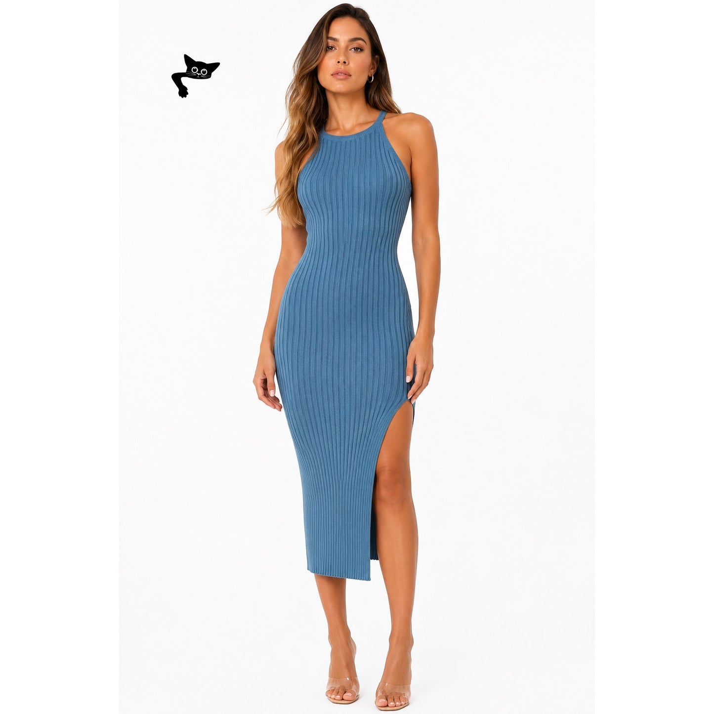 Hera Blue Ribbed Halter Sweater Midi Dress Bodycon Women's S