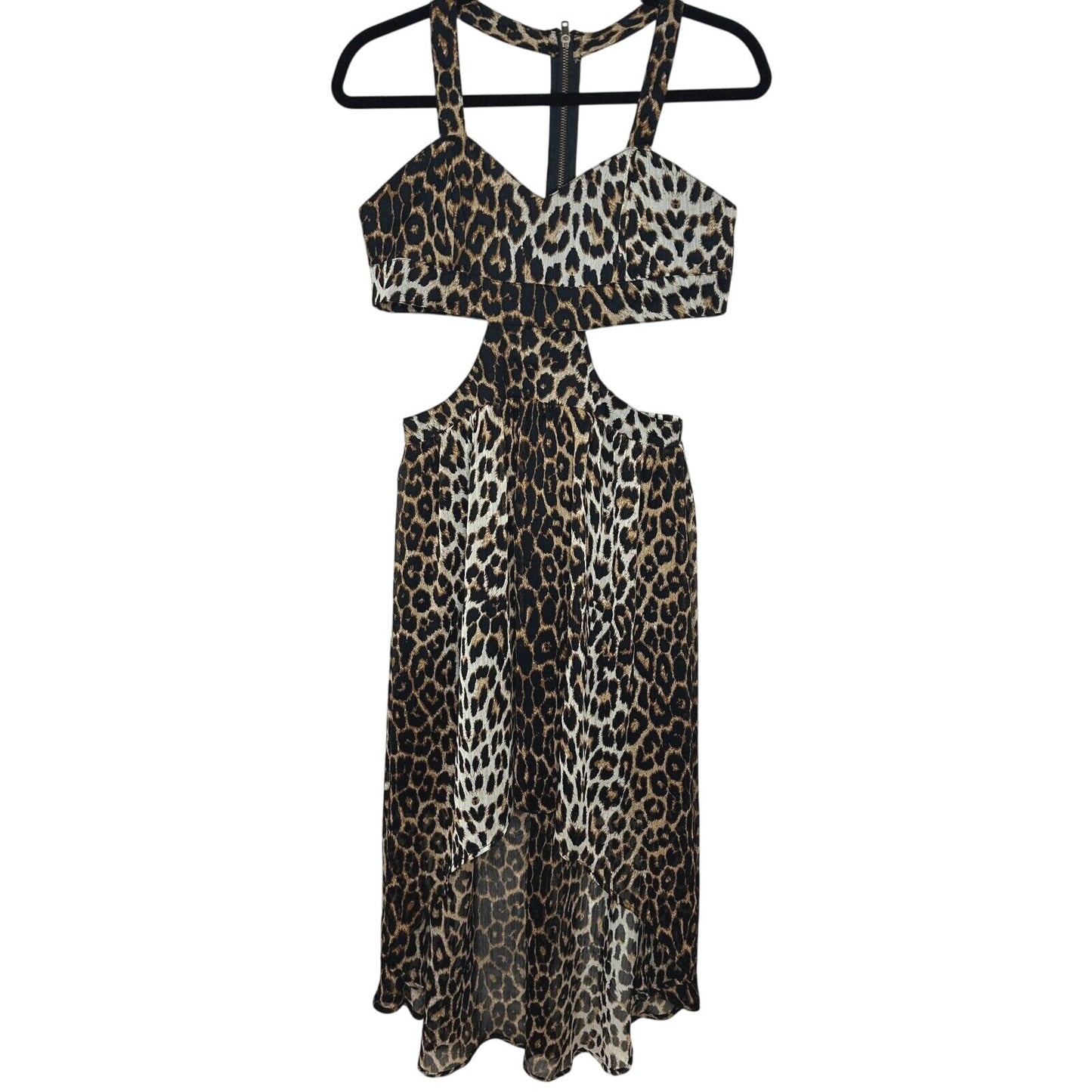 Xtaren Cheetah Print Strappy Hi-Low Open Side Sweetheart Neck Zip Back Dress S