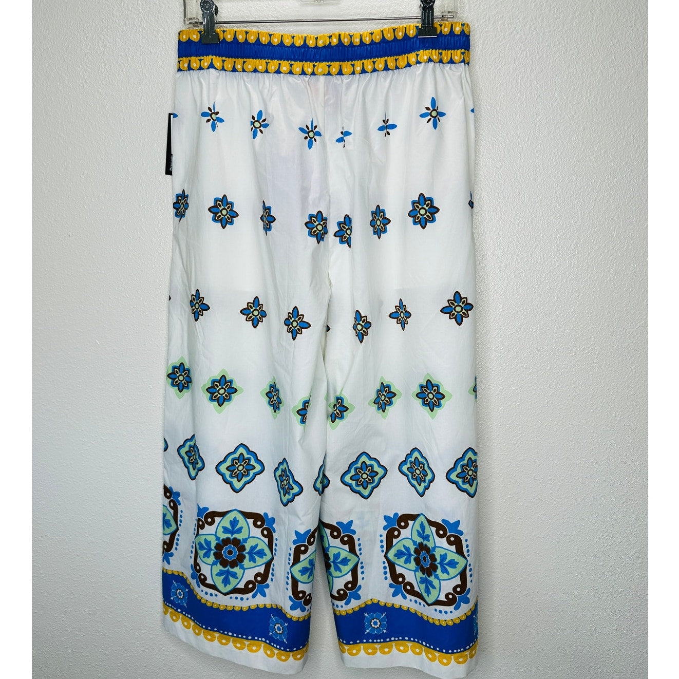 NWT La DoubleJ White Blue Printed Cropped Cotton-Poplin Wide Leg Crop Pant L