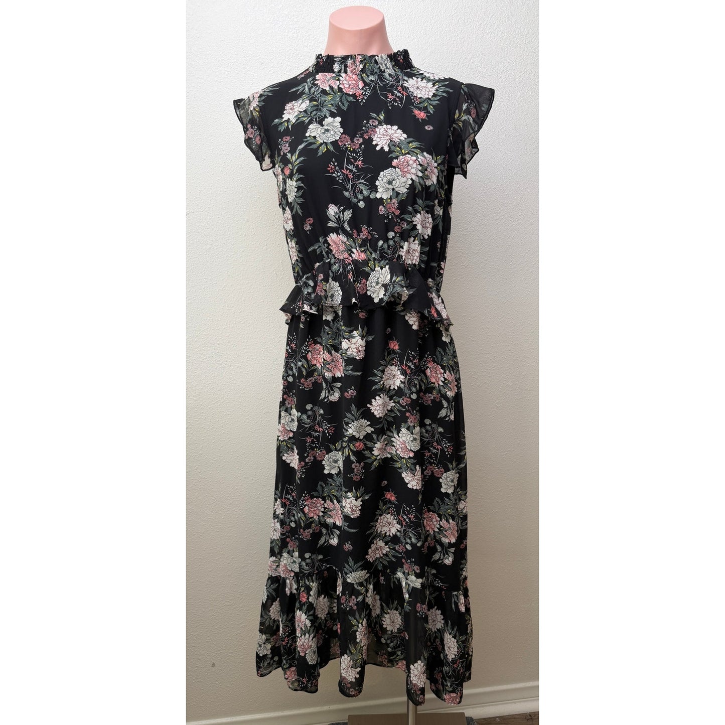 Laissez Faire Floral Midi Dress Smocked Neck Ruffle Sleeveless Size S