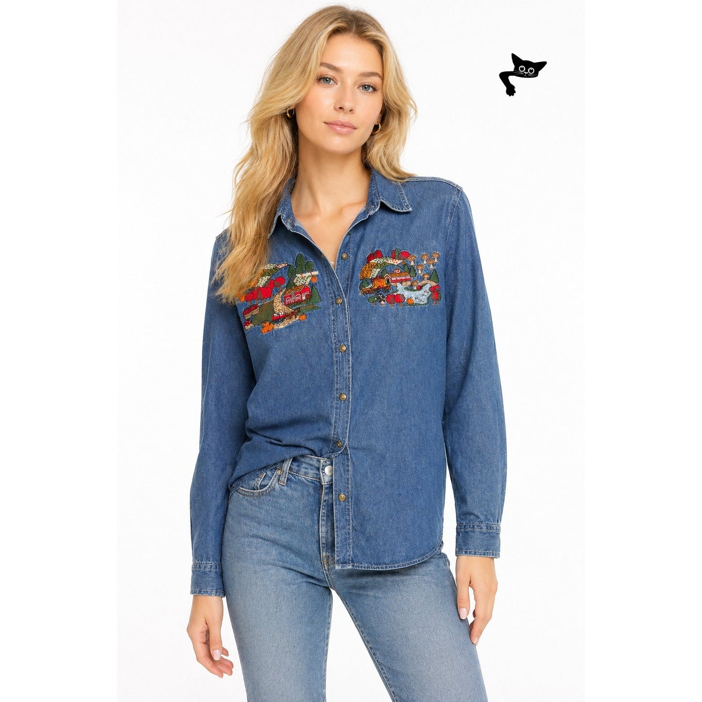 Vintage Cabin Creek Embroidered Denim Shirt Women Size PL