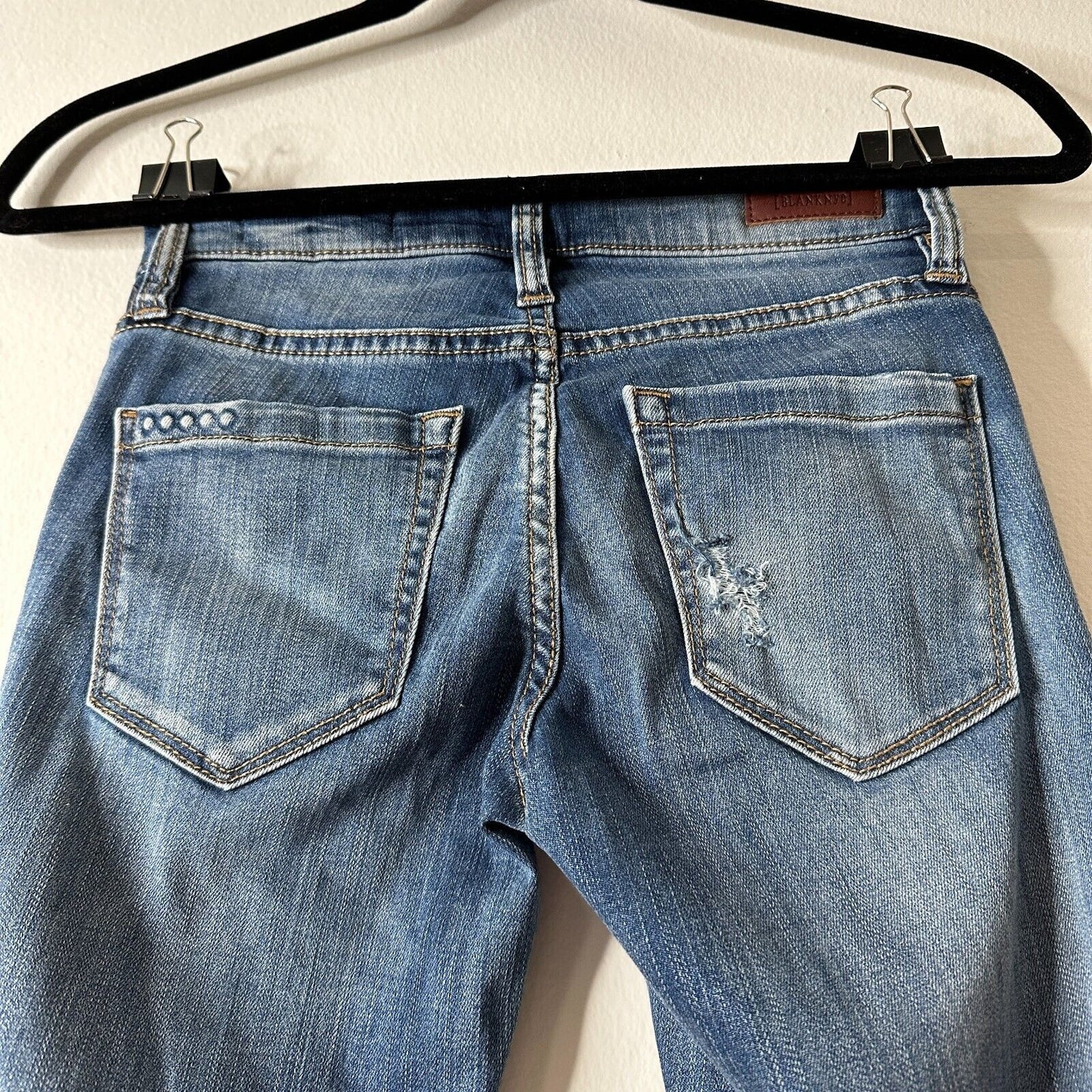 Blank NYC High Cuff Straight Medium Wash Distressed Jeans Low Rise Stretch 24