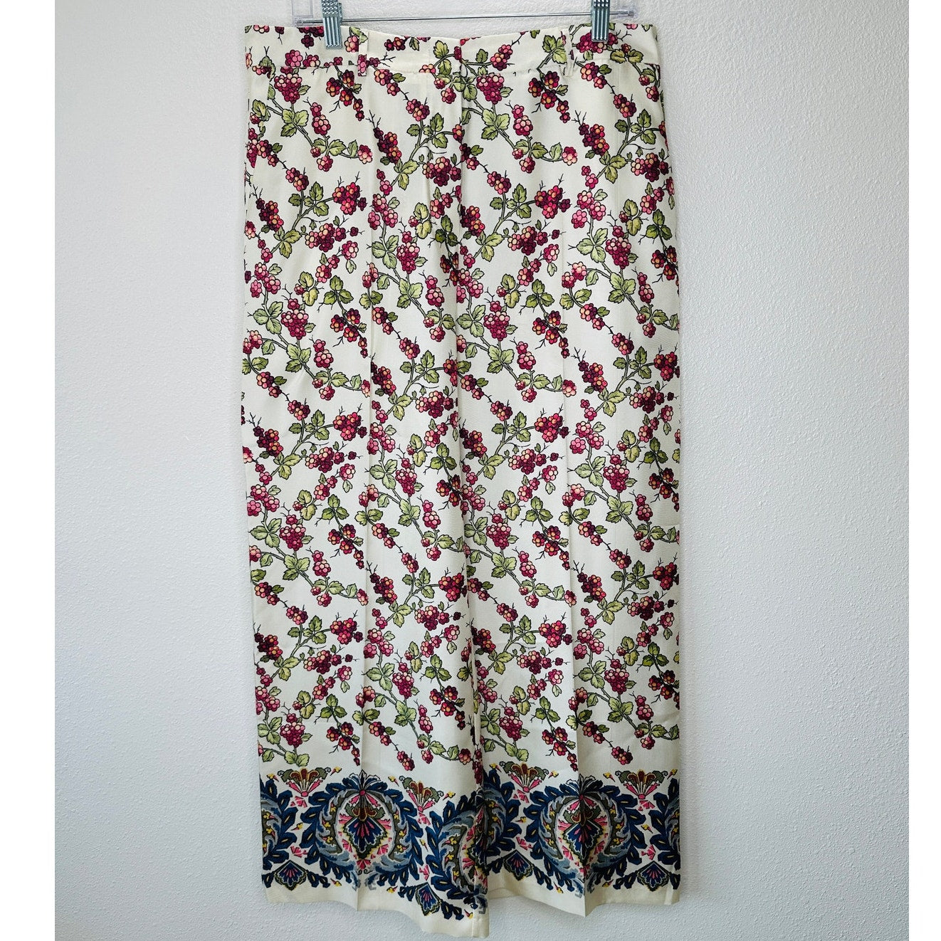 NWT Etro Vanilla Silk Leaf Print Cropped Wide Leg Designer Pants Paisley Hem