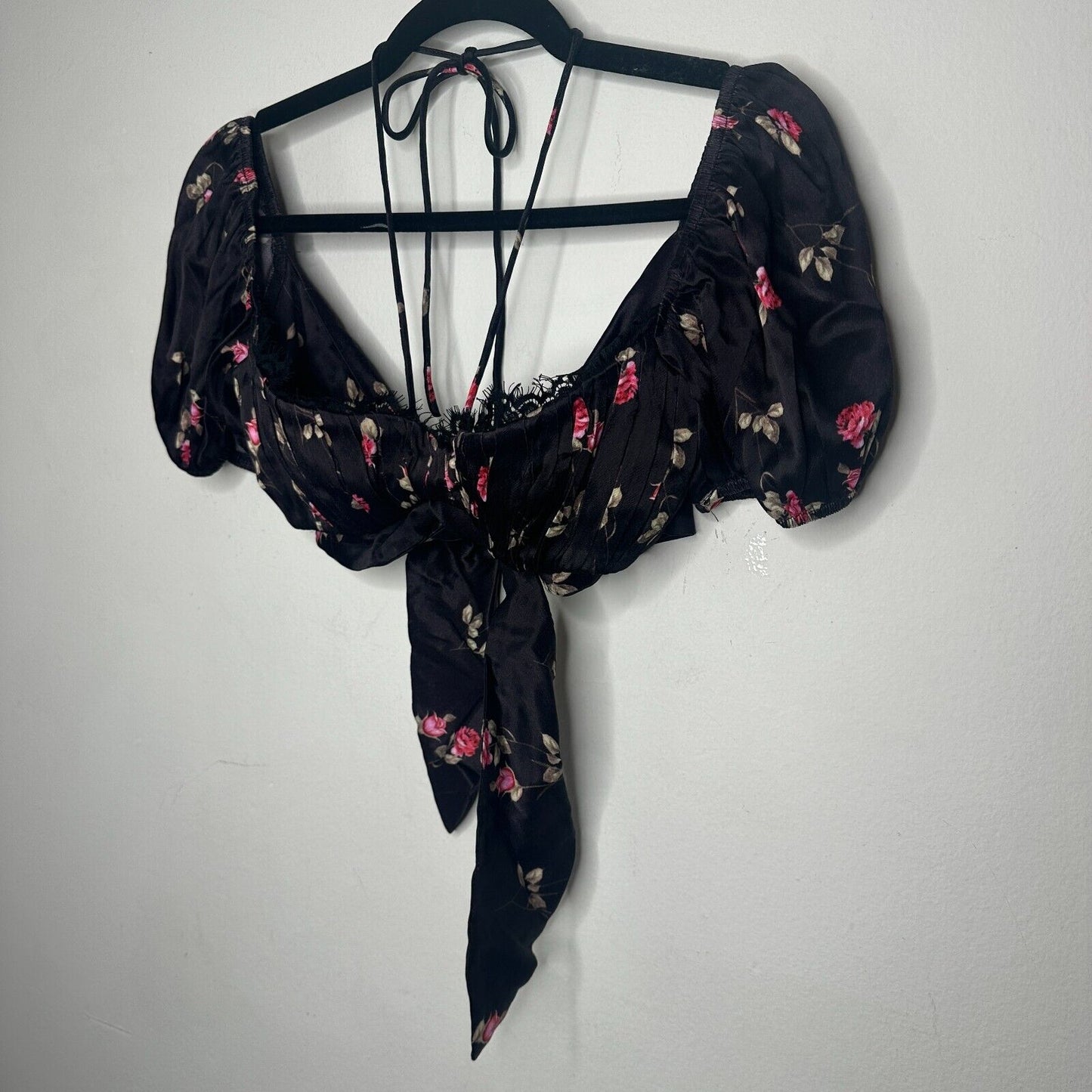 Rat & Boa Bonita Chic Satin Black Pink Floral Tie Top Sweetheart Neck Lace S