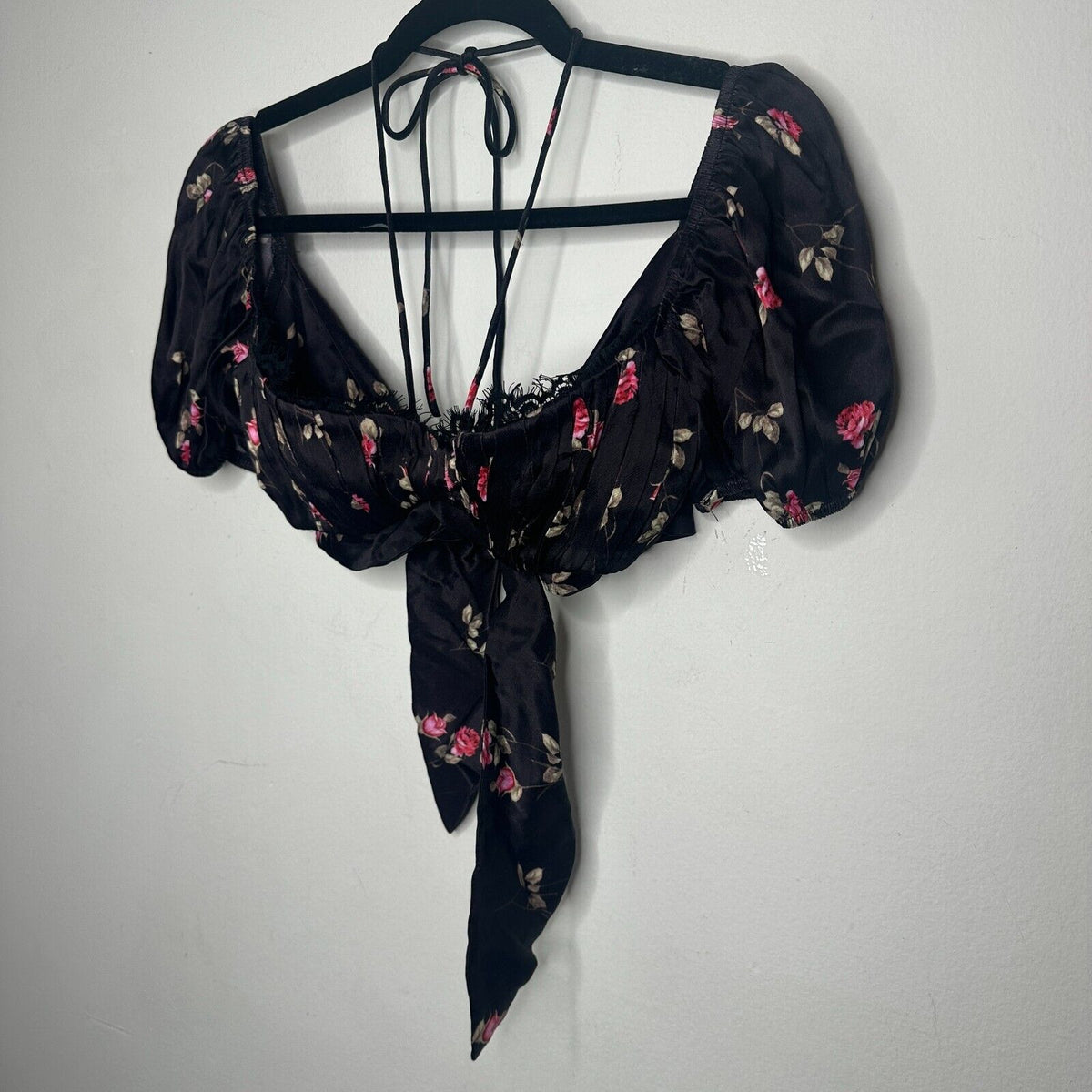 Rat & Boa Bonita Chic Satin Black Pink Floral Tie Top Sweetheart Neck Lace S