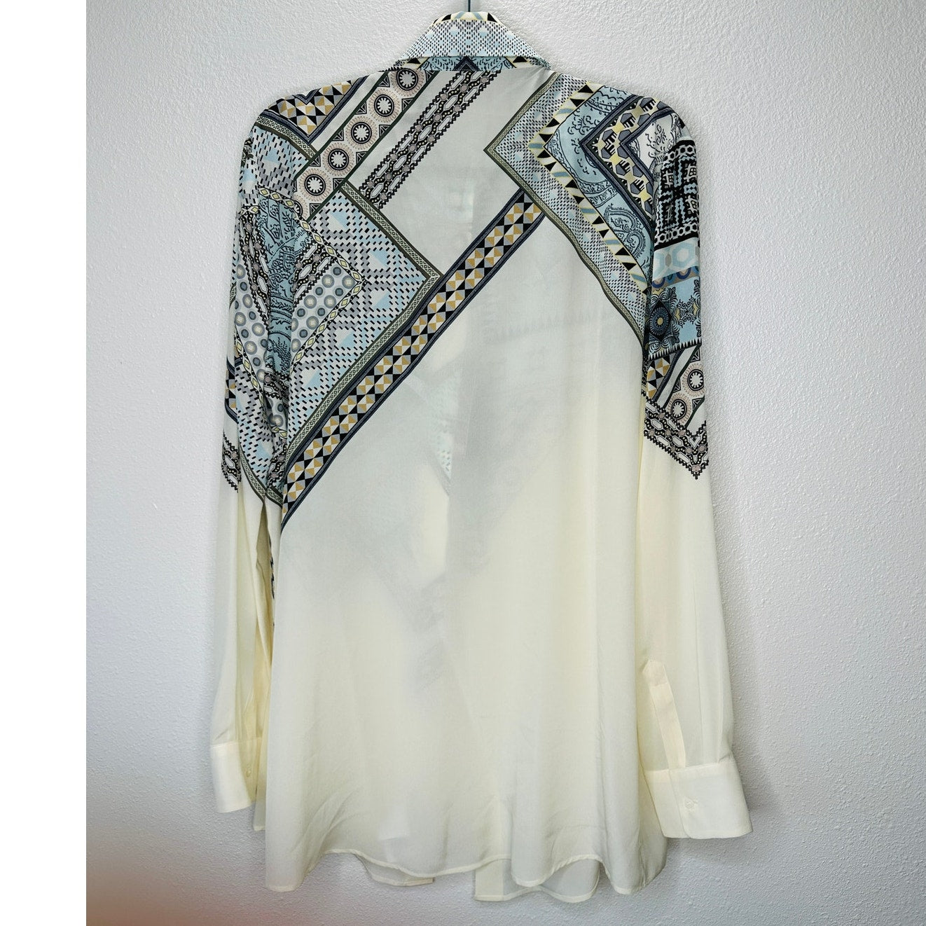 ETRO Pastel Cream Blue Multi Geometric Print Button Collar Silk Blouse  46 / L