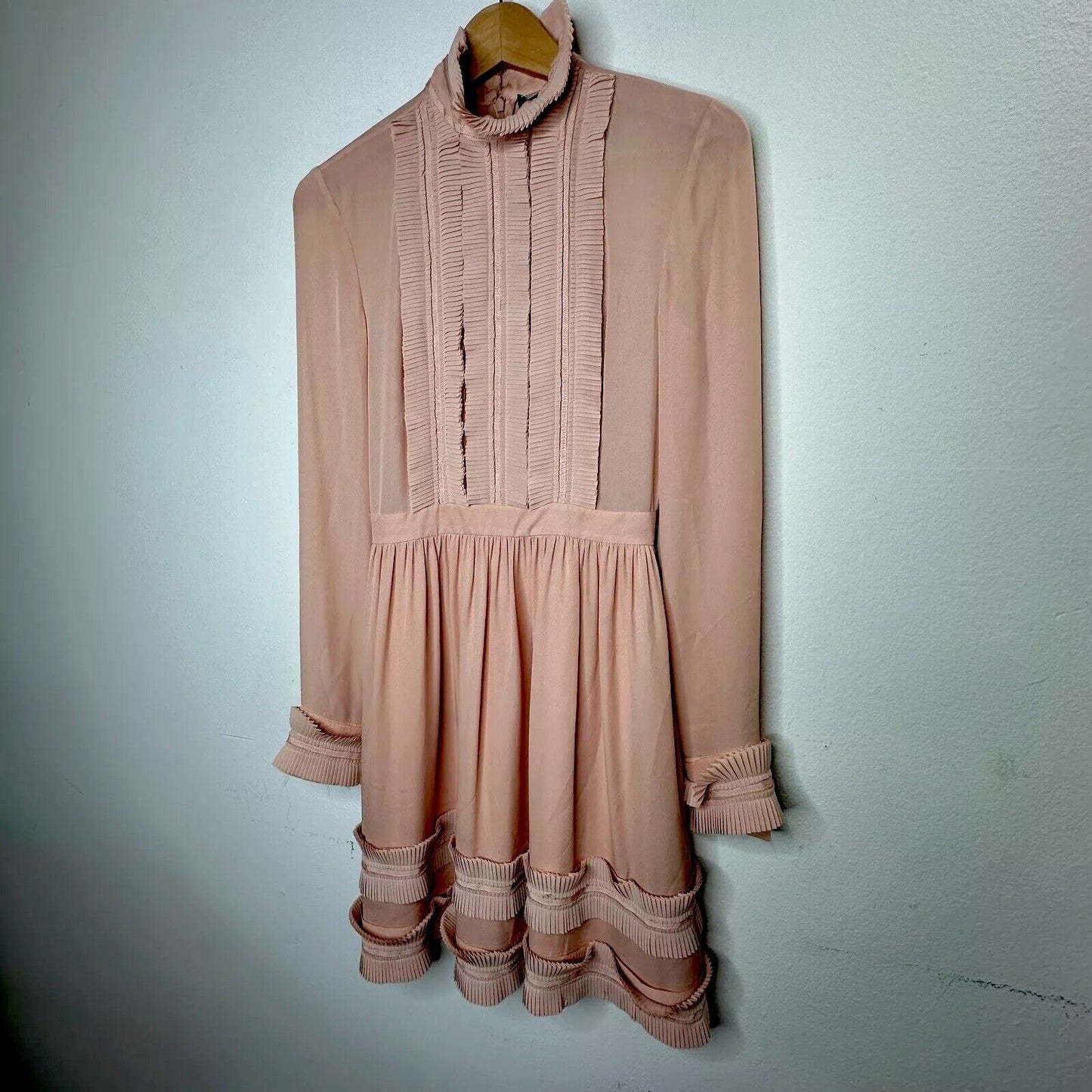 Nicholas Peachy Pink Fine Pleat Silk Long Sleeve Mini Ruffles High Neck Dress 0