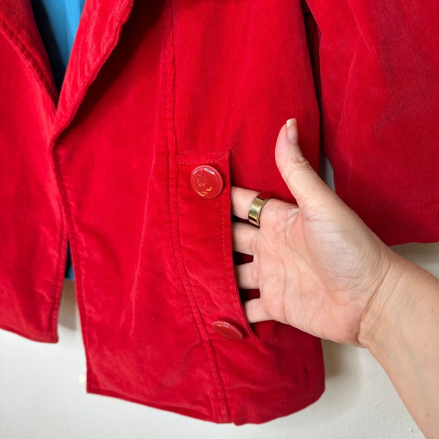 Tulle Red Corduroy Turquoise Lined Foldover Collar Jacket 3/4 Sleeves S