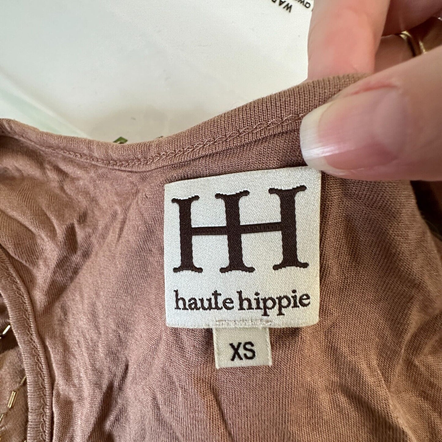 Haute Hippie Chocolate Brown Tank Mini Dress Side Ruche Gold & Beaded Adornment