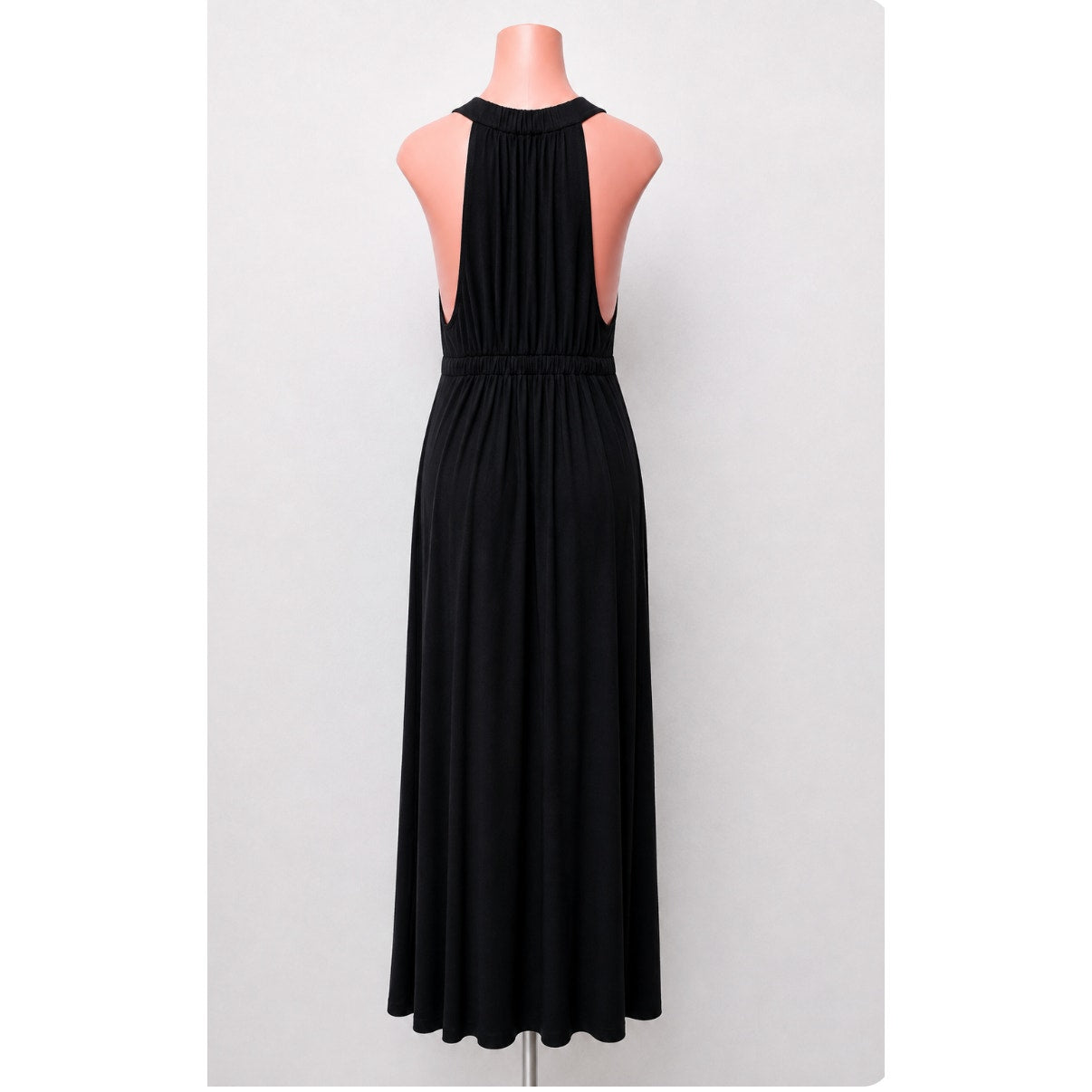 Black High Neck Plunging Sides Sleeveless Gathered Flowy Back Maxi Dress M