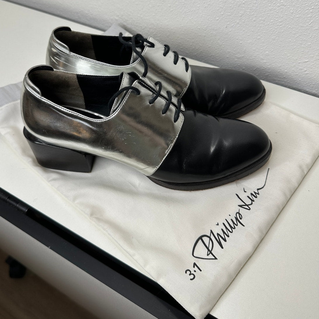 3.1 Phillip Lim Jillian Metallic Silver Shiny Black Oxford Tie Shoe 38 / 7.5