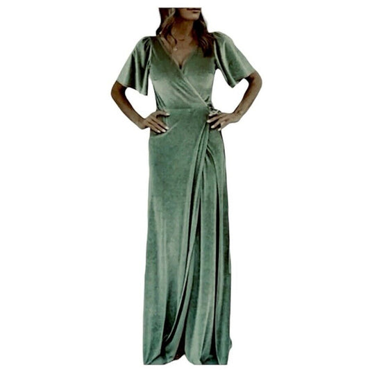 Baltic Born Light Sage Green Velour Short Flutter Sleeve Maxi Wrap Dress S