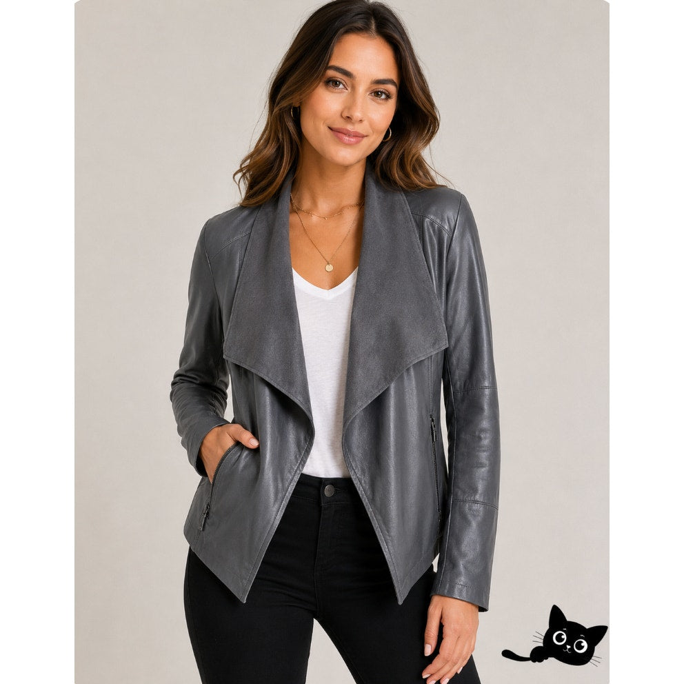 Bagatelle Pewter Gray Faux Leather Open Front Waterfall Jacket Zip Pocket Medium