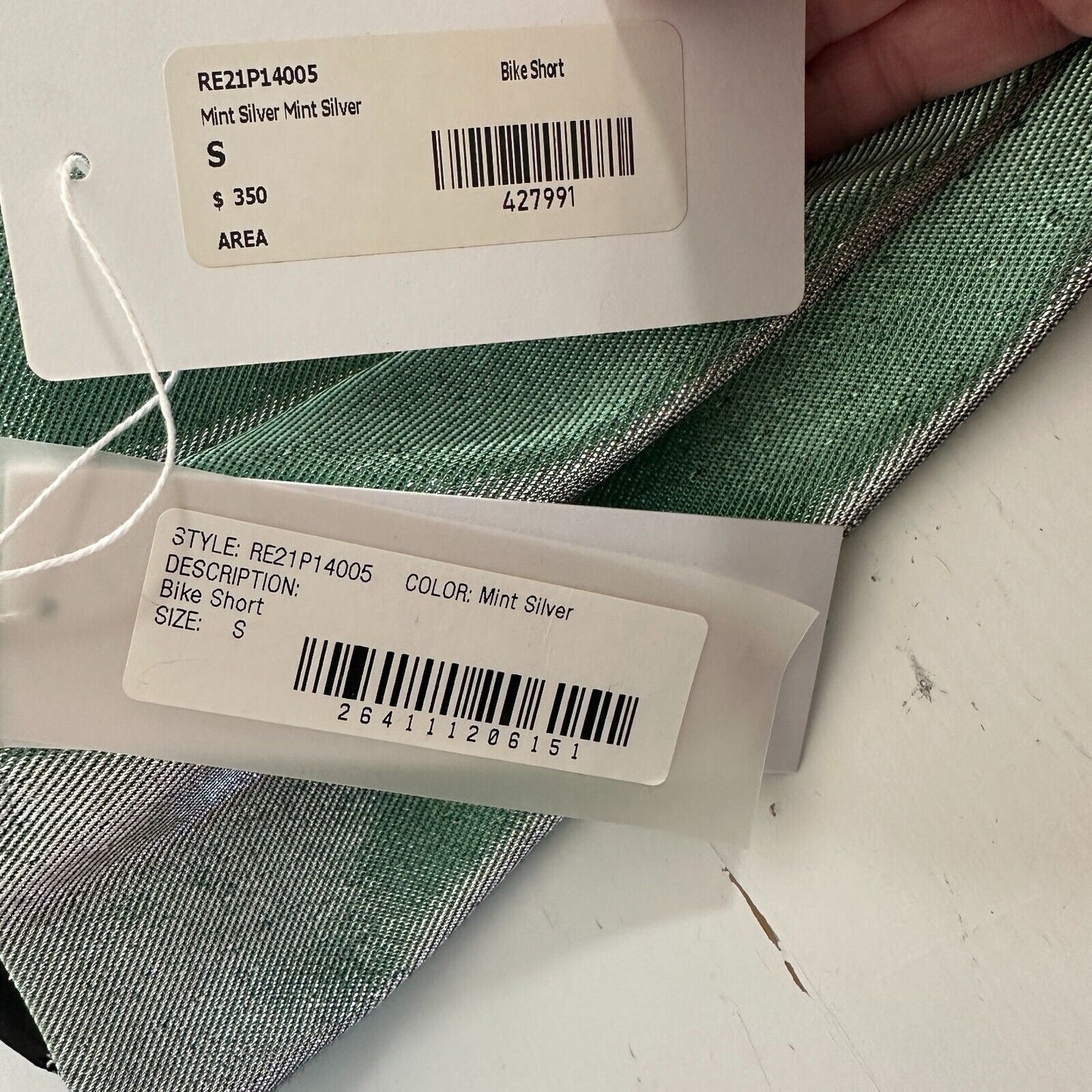 NWT AREA Mint Green Silver Lamé Cycling Shorts above knee Reflective Biker Small
