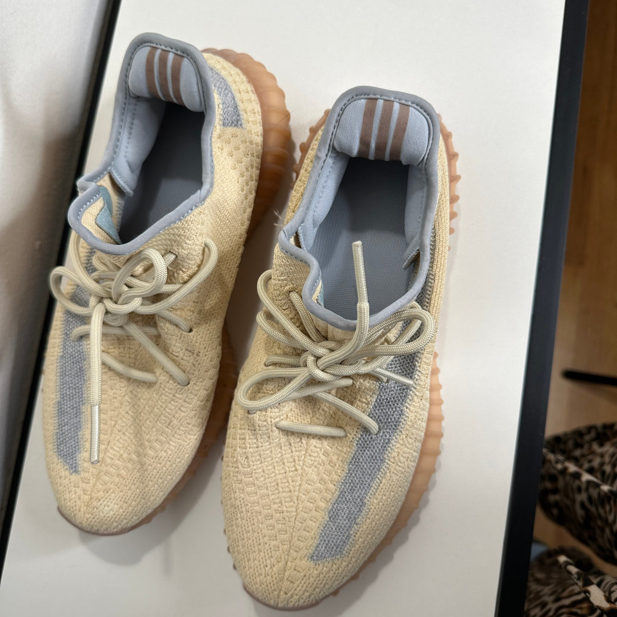 Yeezy x Adidas Boost 350 Tan & Blue Linen Fabric Sneakers Shoes 8.5