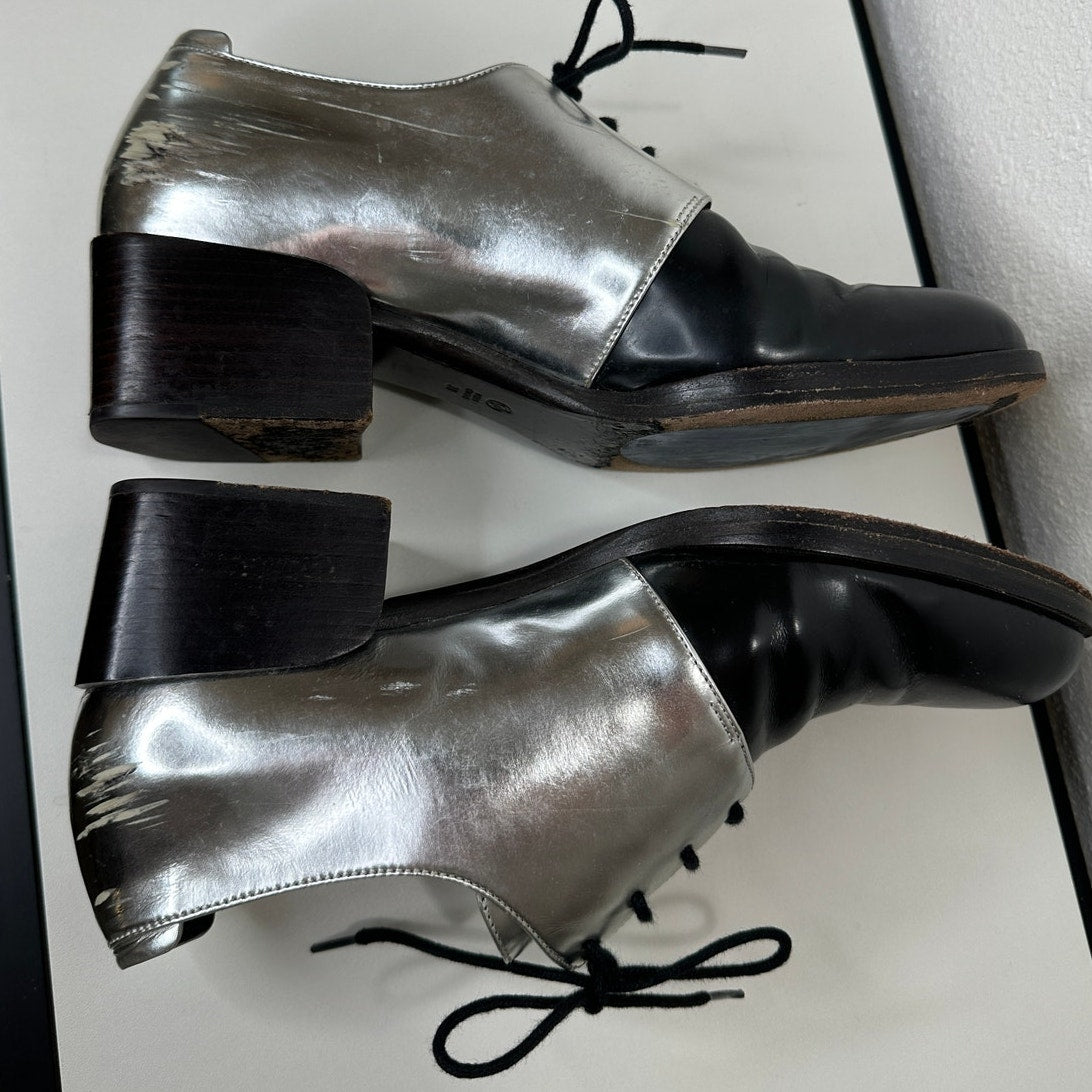 3.1 Phillip Lim Jillian Metallic Silver Shiny Black Oxford Tie Shoe 38 / 7.5