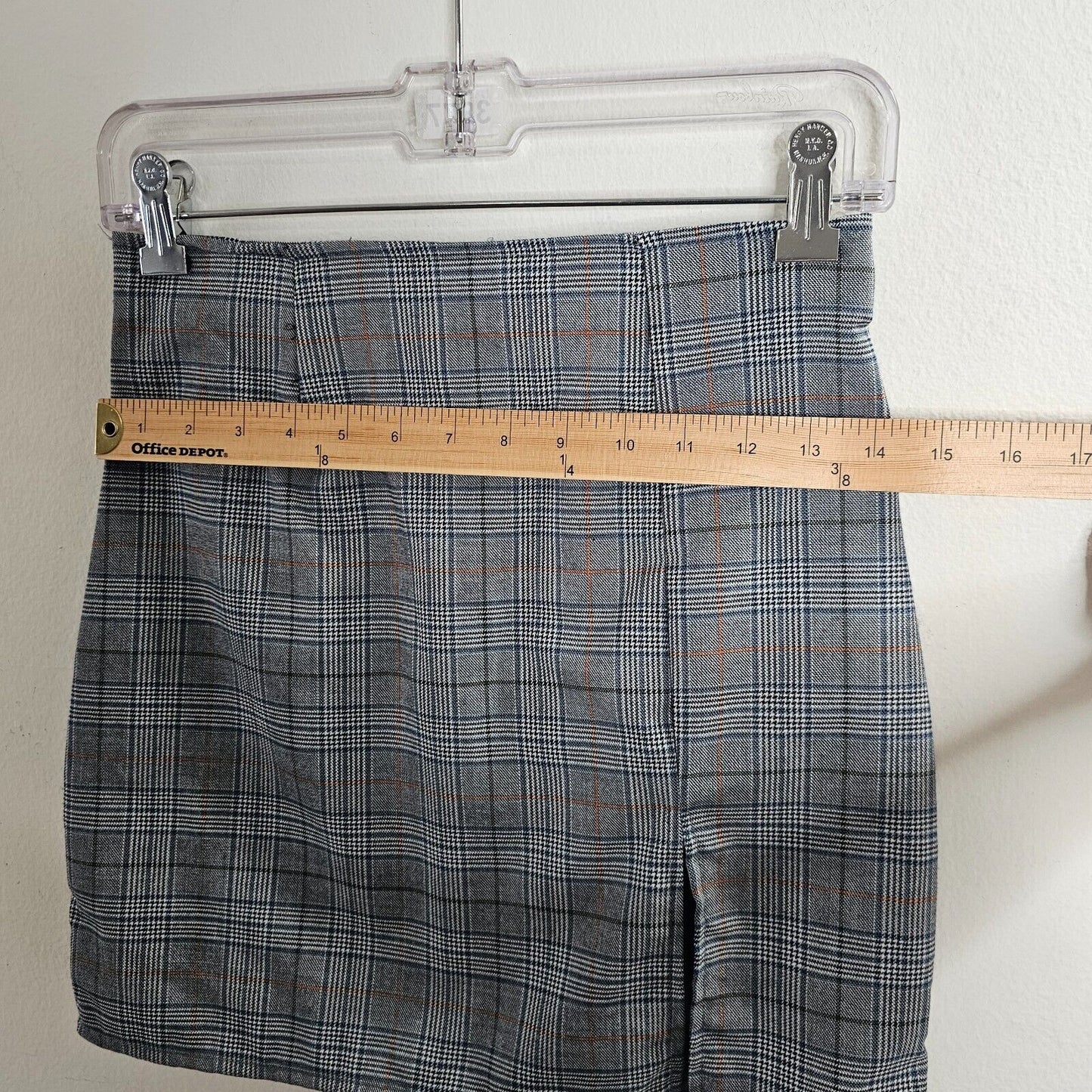 NWT Windsor Gray & Orange Plaid Print High Waist Side Slit Stretch Mini Skirt S