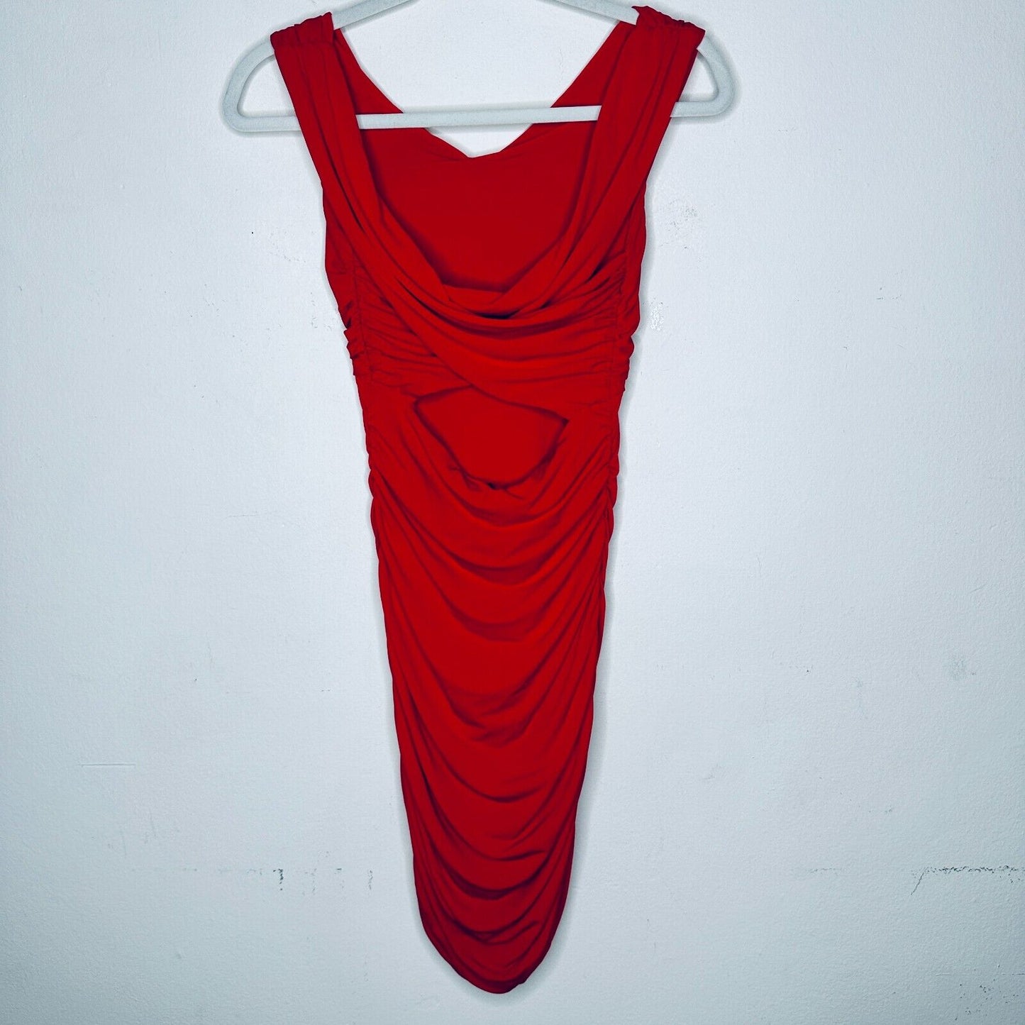 Guess Deep Red Ruched Draped Off-Shoulder Cross Back Mini Dress S