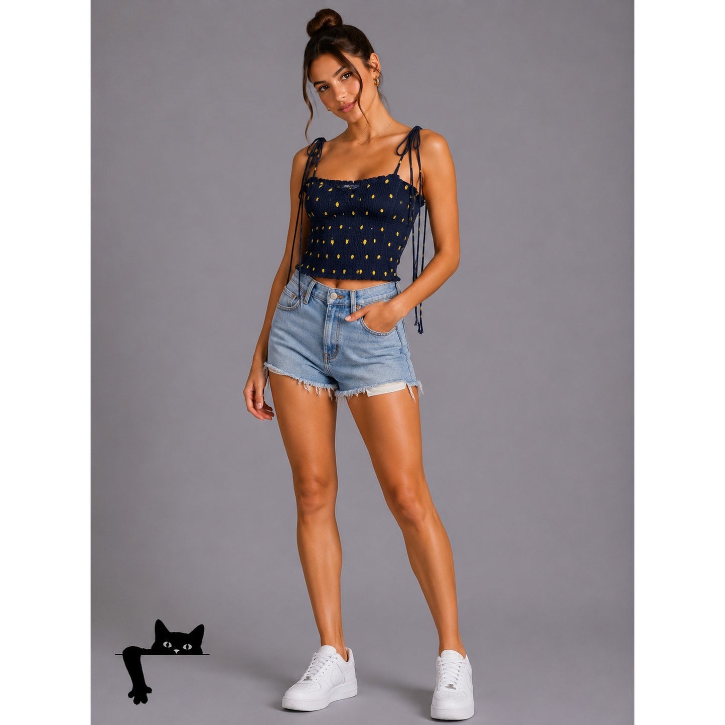Zara Navy & Yellow Polka Dot Smocked Tube Top XS