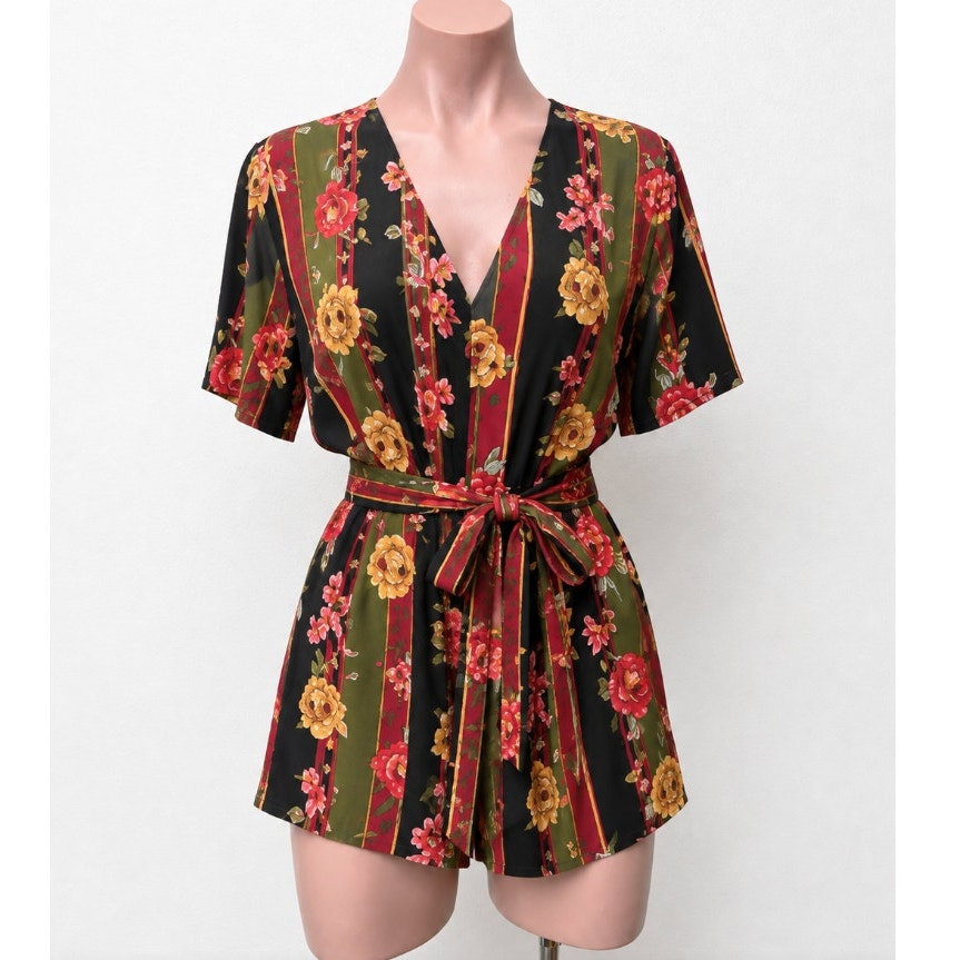 NWT RARE Vintage Dead Stock Black Green Stripe Red Rose Pink Bow Romper Medium