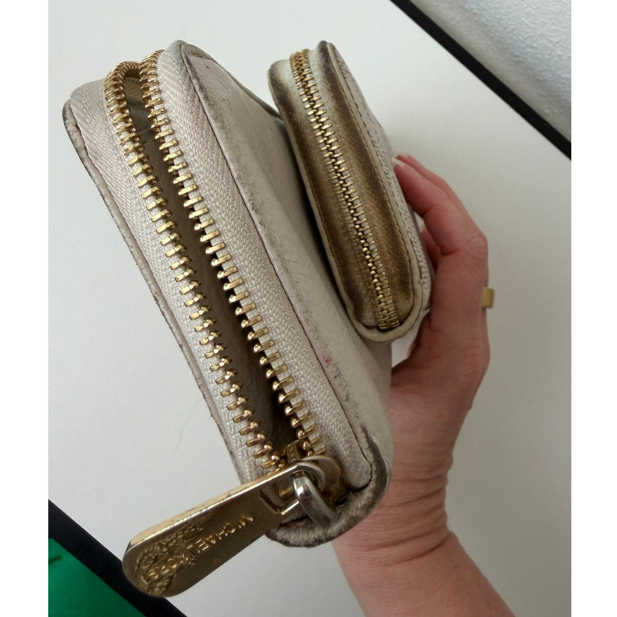Michael Kors Set of 2 Cream Beige Signature Logo Zip Wallets