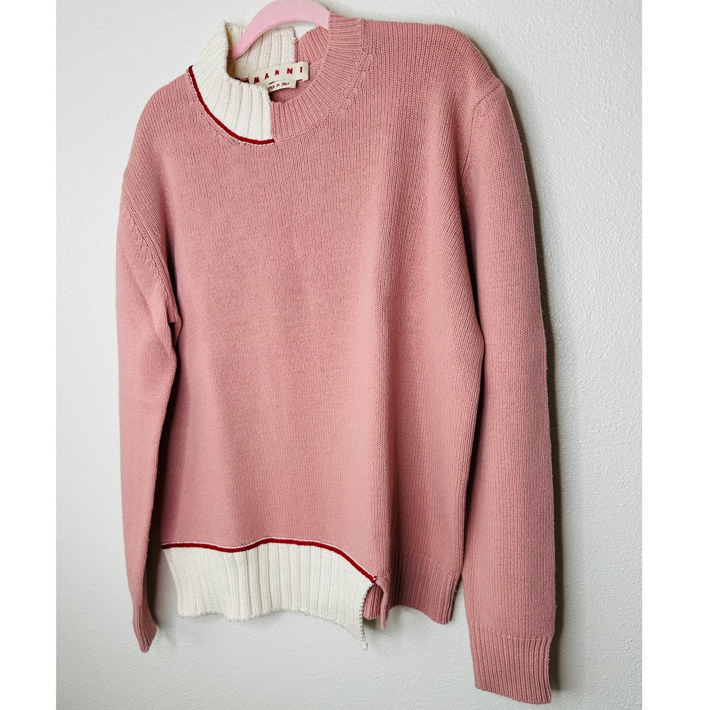 Marni Pink Cream Red Asymmetrical Neck & Hem Long Sleeve Sweater 46 / 10