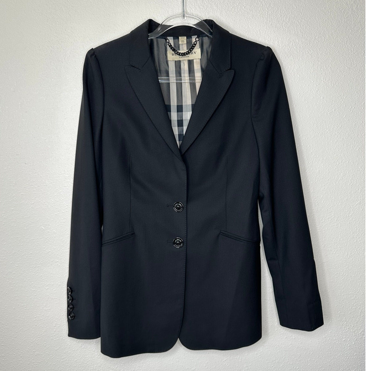 Burberry London Black 2-Button Wool Blazer Plaid Lined women's 8