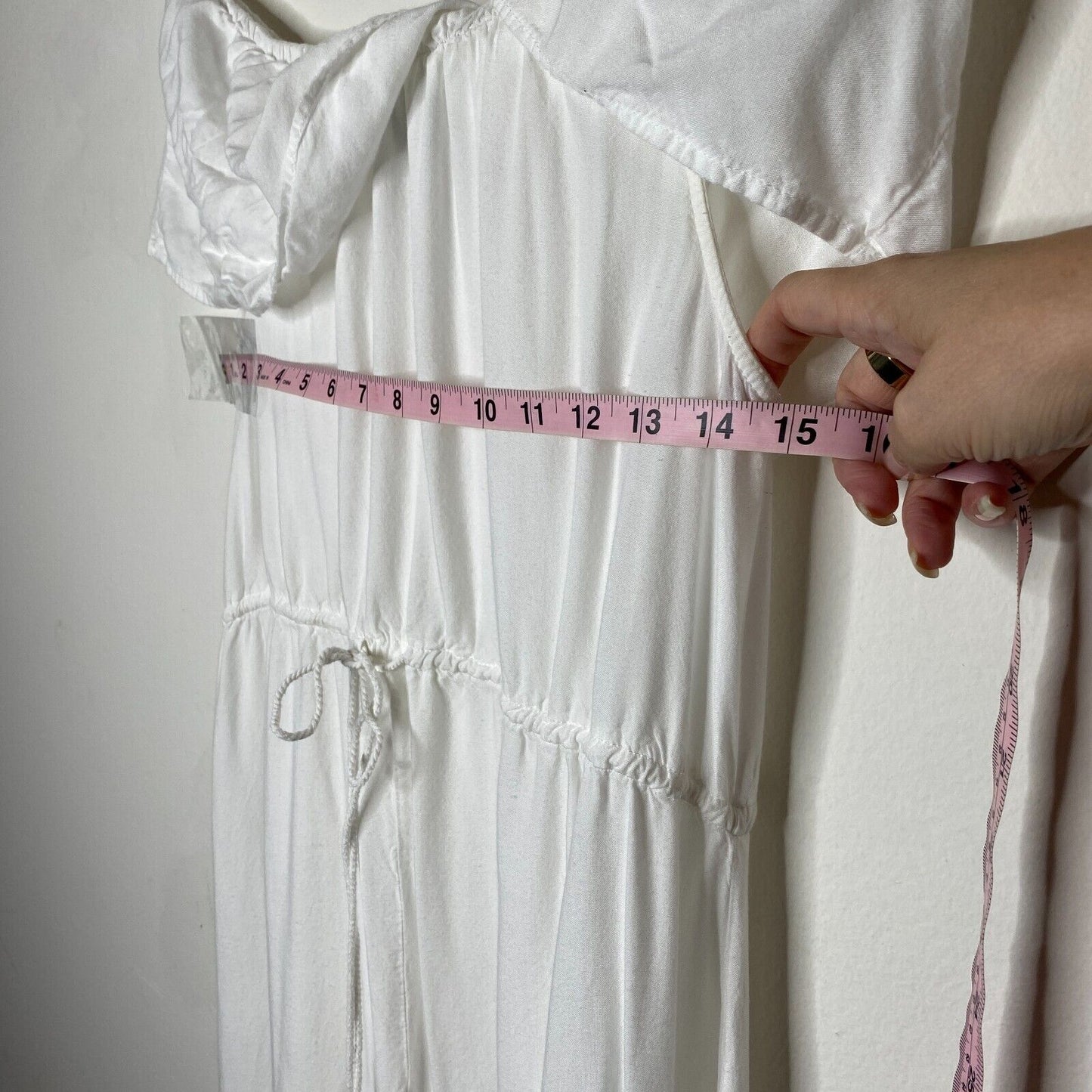 Aqua White Off-Shoulder Flowy Boho Dress Tiered Ruffle Empire Tie Waist Maxi Med