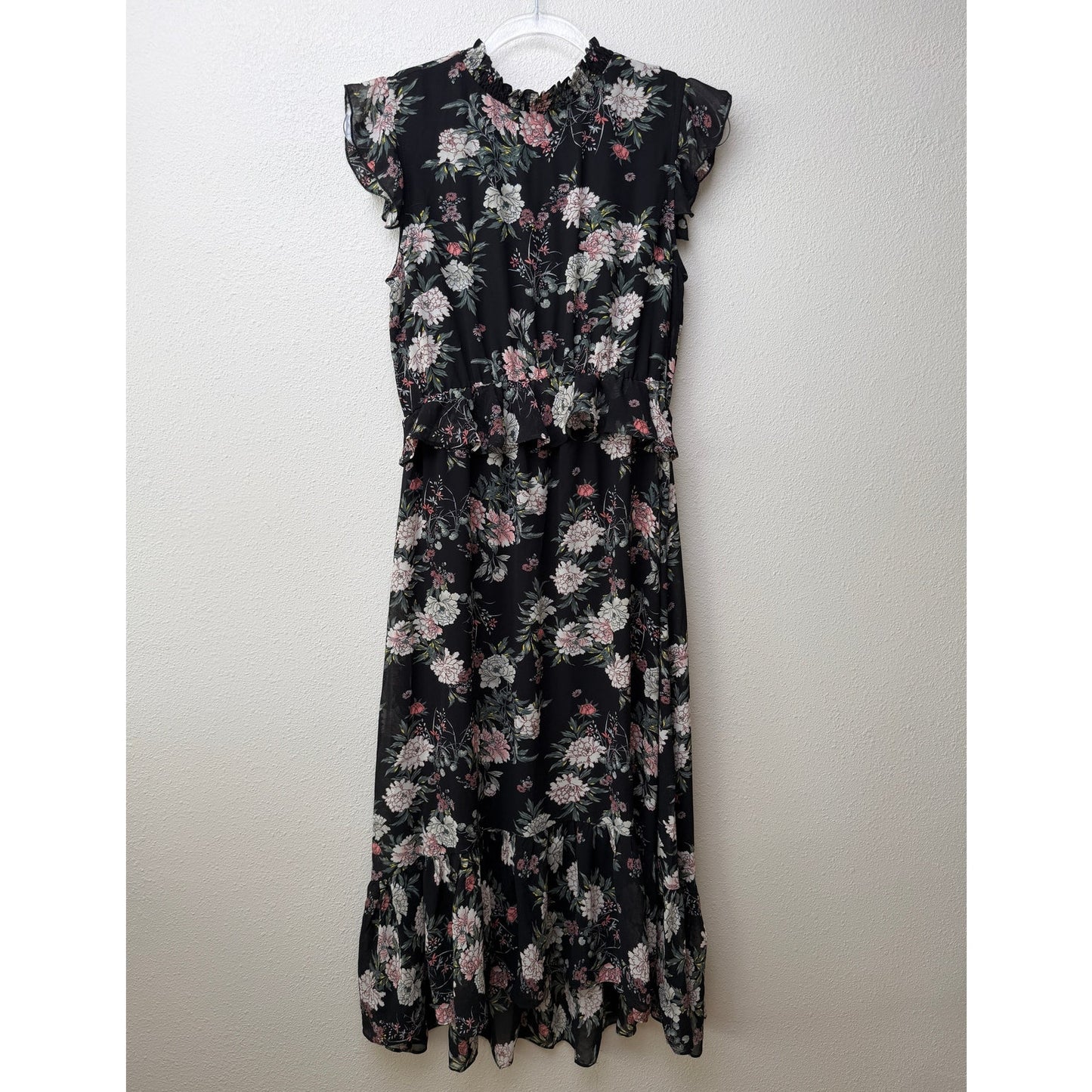 Laissez Faire Floral Midi Dress Smocked Neck Ruffle Sleeveless Size S