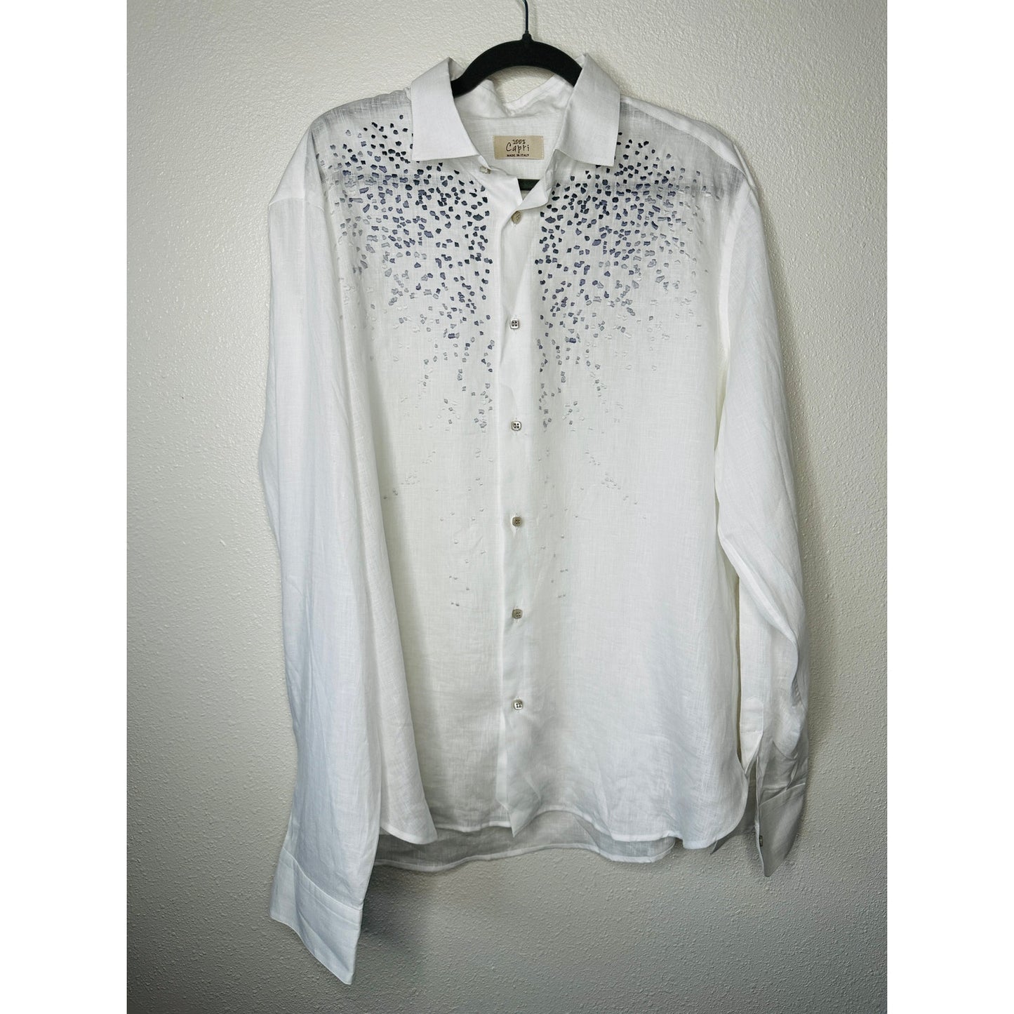 100% Capri Off White Dusty Blue Embroidered Pebble Rock Button Down Shirt XXL