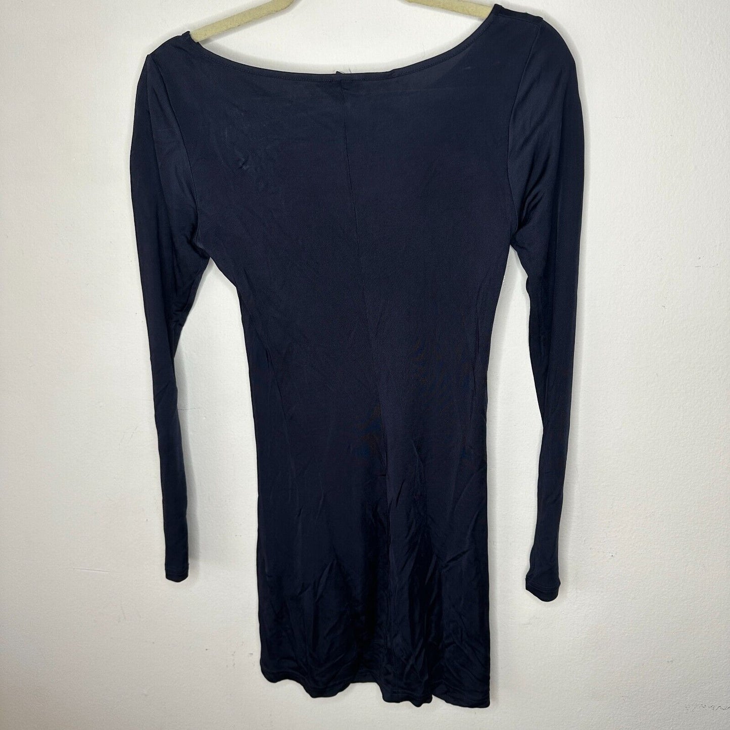 Club Monaco Sexy Jet Black Bodycon Long Sleeve Boat Neck Side Ruche Mini00