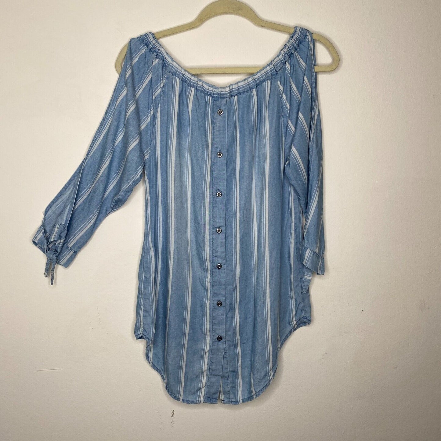 Billy T Blue & White Stripe Linen Off Shoulder 3/4 Tie-Sleeve Back Button Top XS